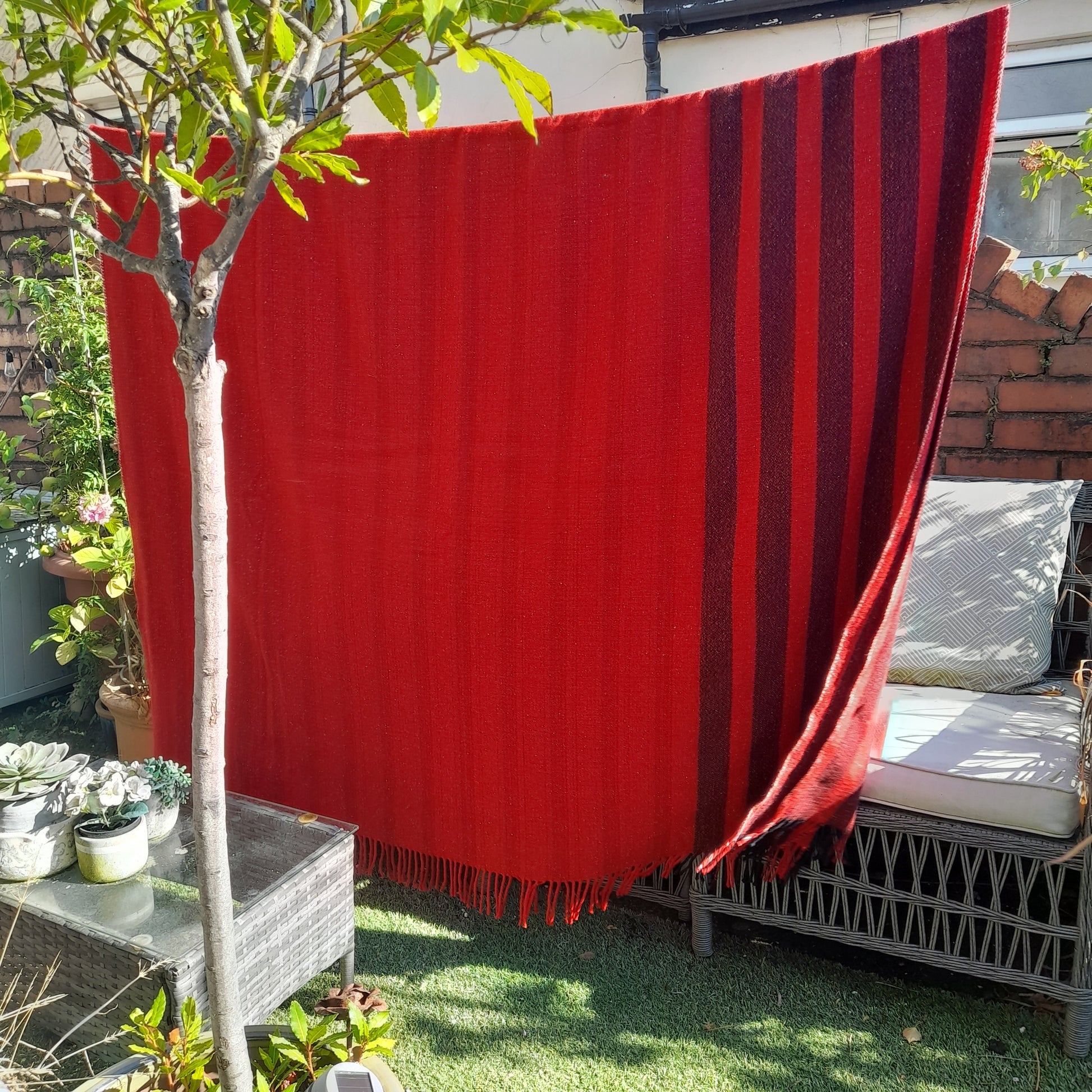 Welsh Blanket/Shawl in Scarlet Red With Traditional Black Stripe To One Side