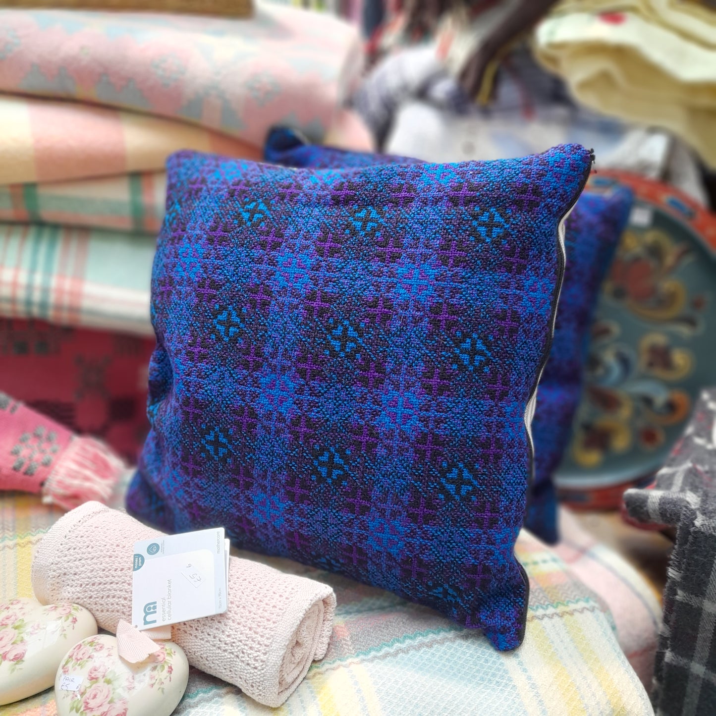 PAIR Handmade Cushions Made From Vintage Welsh Tapestry Fabric in Bright Blue, Purple & Black 18"