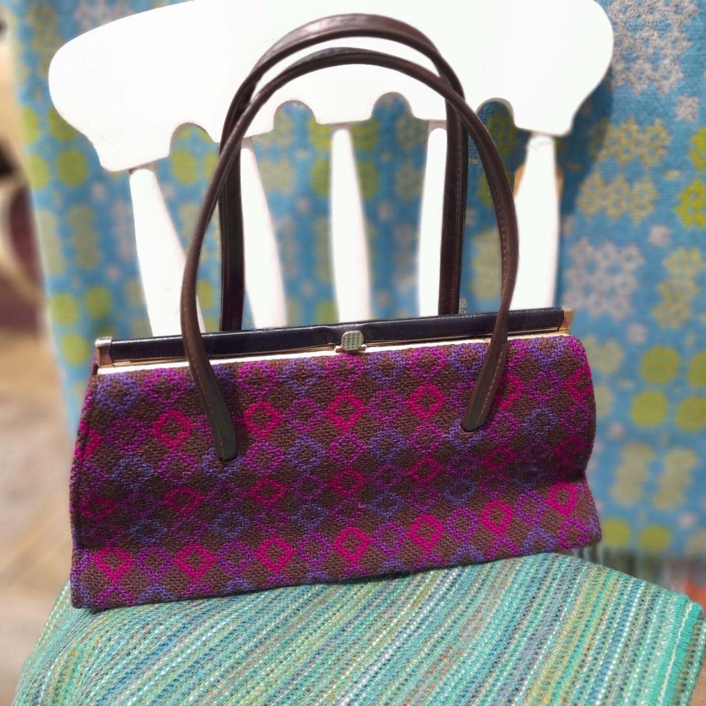 Vintage Welsh Tapestry Handbag in Cerise Pink & Purple Chevrons