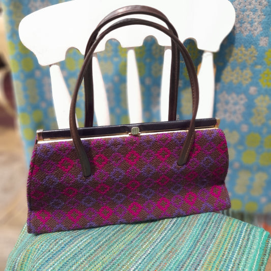 Vintage Welsh Tapestry Handbag in Cerise Pink & Purple Chevrons