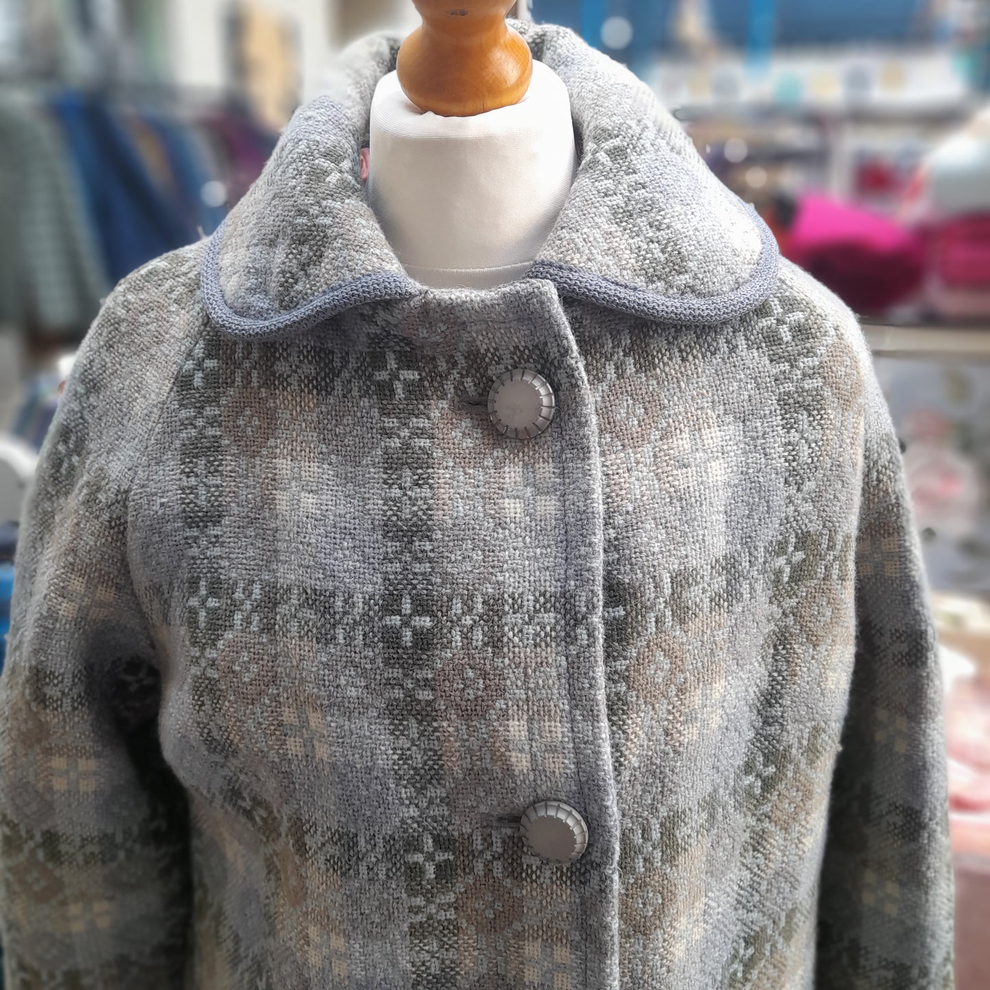 Vintage Welsh Tapestry Pea Coat in Pale Blue Grey Green & Cream by Trefriw Woollen Mill BNWT Size 12