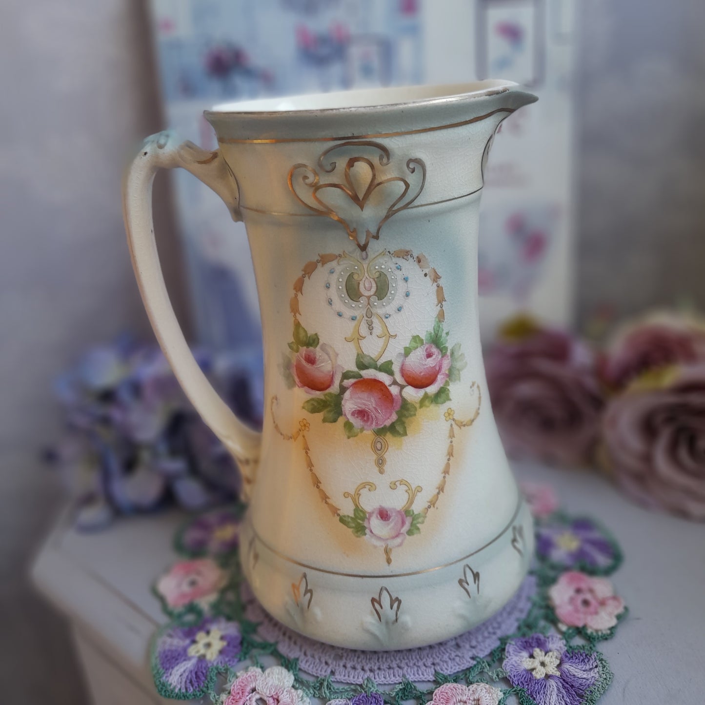 Art Nouveau Jug in Duck Egg Blue & Pink Roses Perfect Vintage Floral Vase