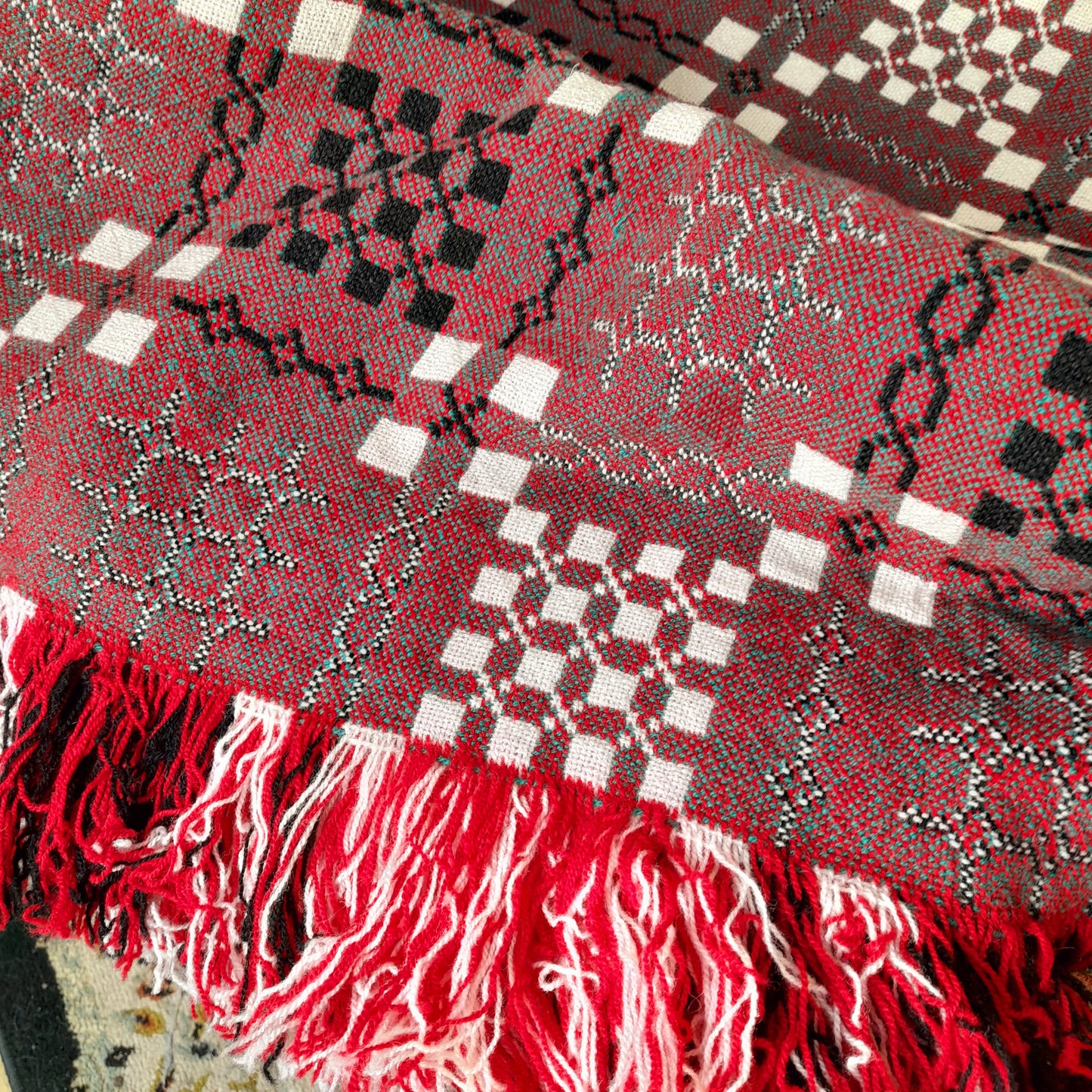 Vintage Welsh Tapestry Blanket in Red Green Black & White by Elvet Woollen Mill