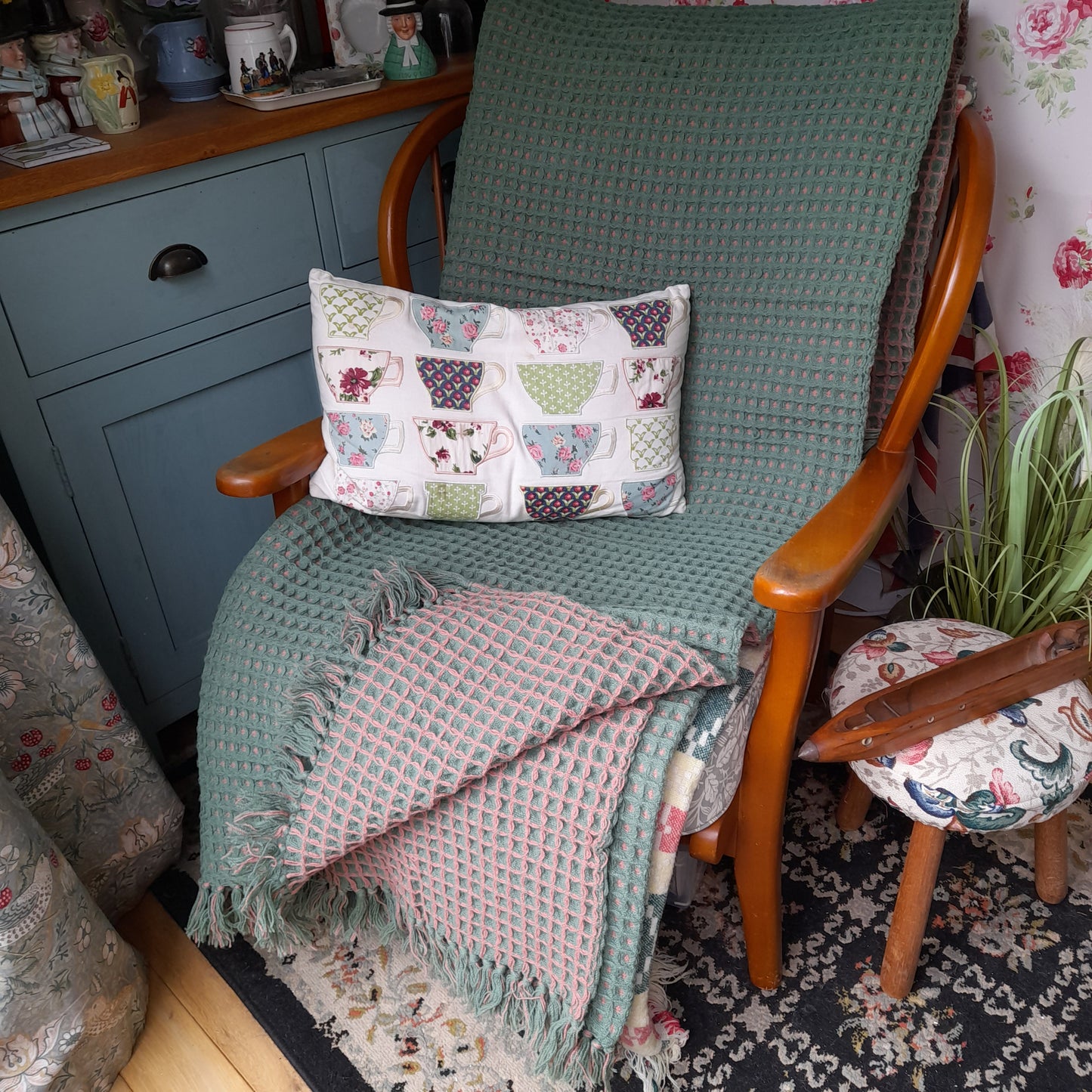 Large Vintage Welsh Wool Waffle Honeycomb Blanket in Reversible Pink & Green