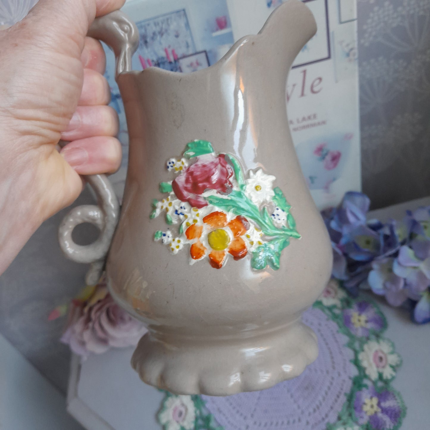 Victorian Staffordshire Drabware Jug with Applied Flowers, Antique English Pottery Pitcher, c. 1840