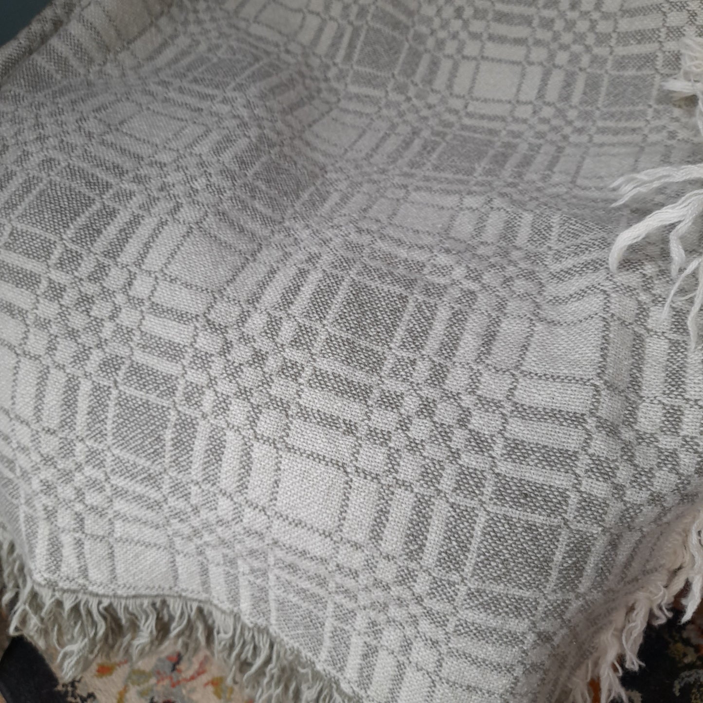 Vintage Welsh Tapestry Blanket in Natural Cream & Grey Wool