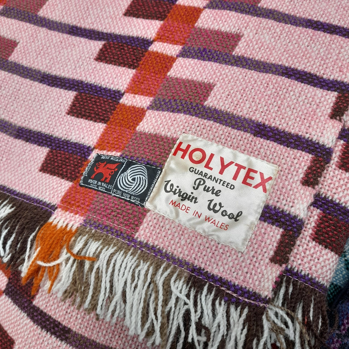 RARE Vintage Welsh Tapestry Blanket in Rose Pink, Orange & Burgundy Original Holytex Mill Label