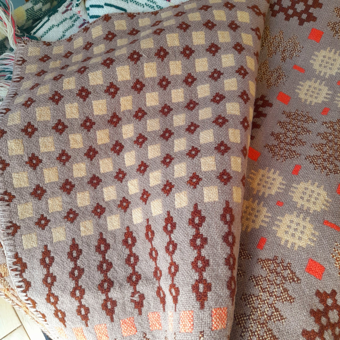 Antique Welsh Blanket in Latte Brown Orange & Cream