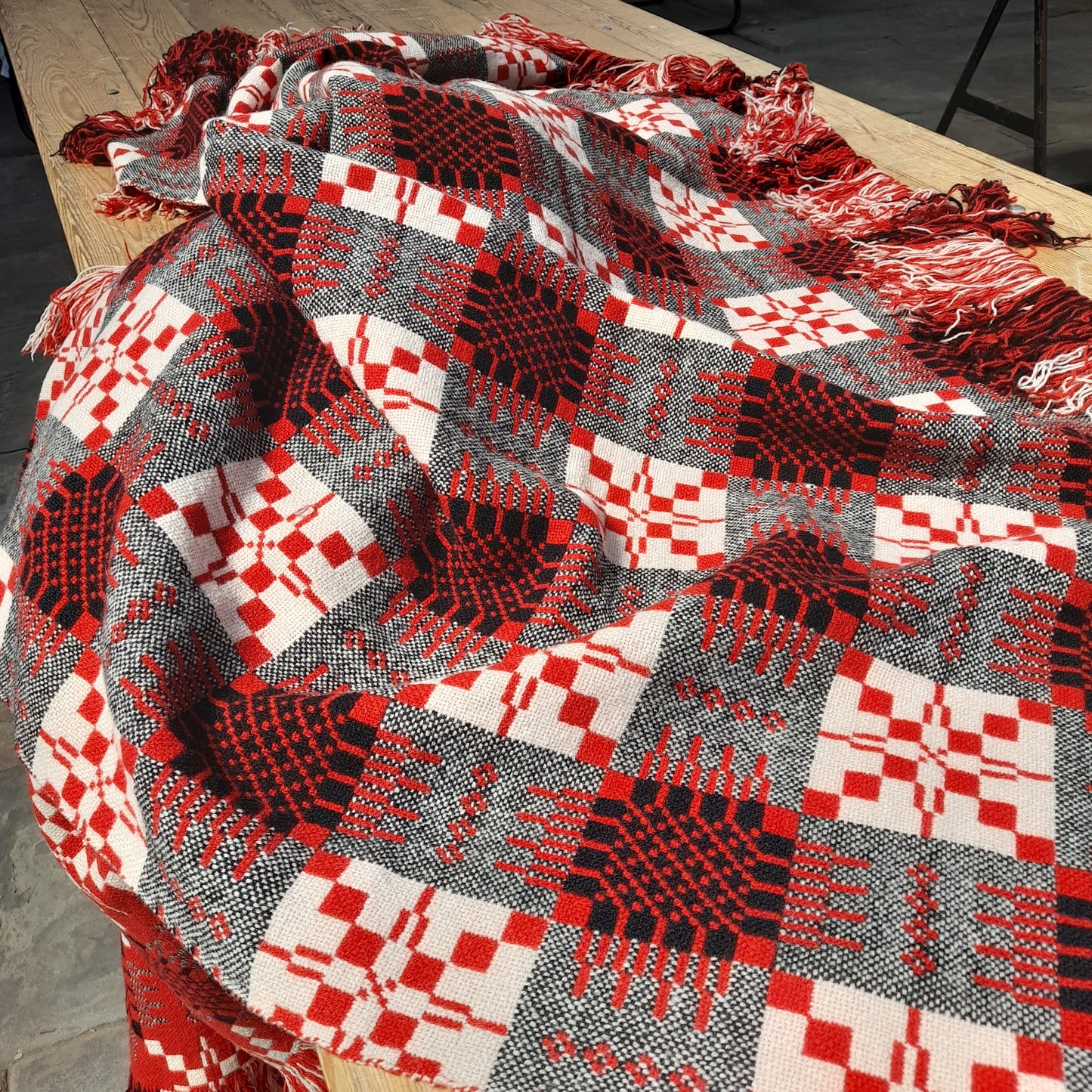 Vintage Welsh Tapestry Blanket in Red, Black & White by Cambrian Mills King Size