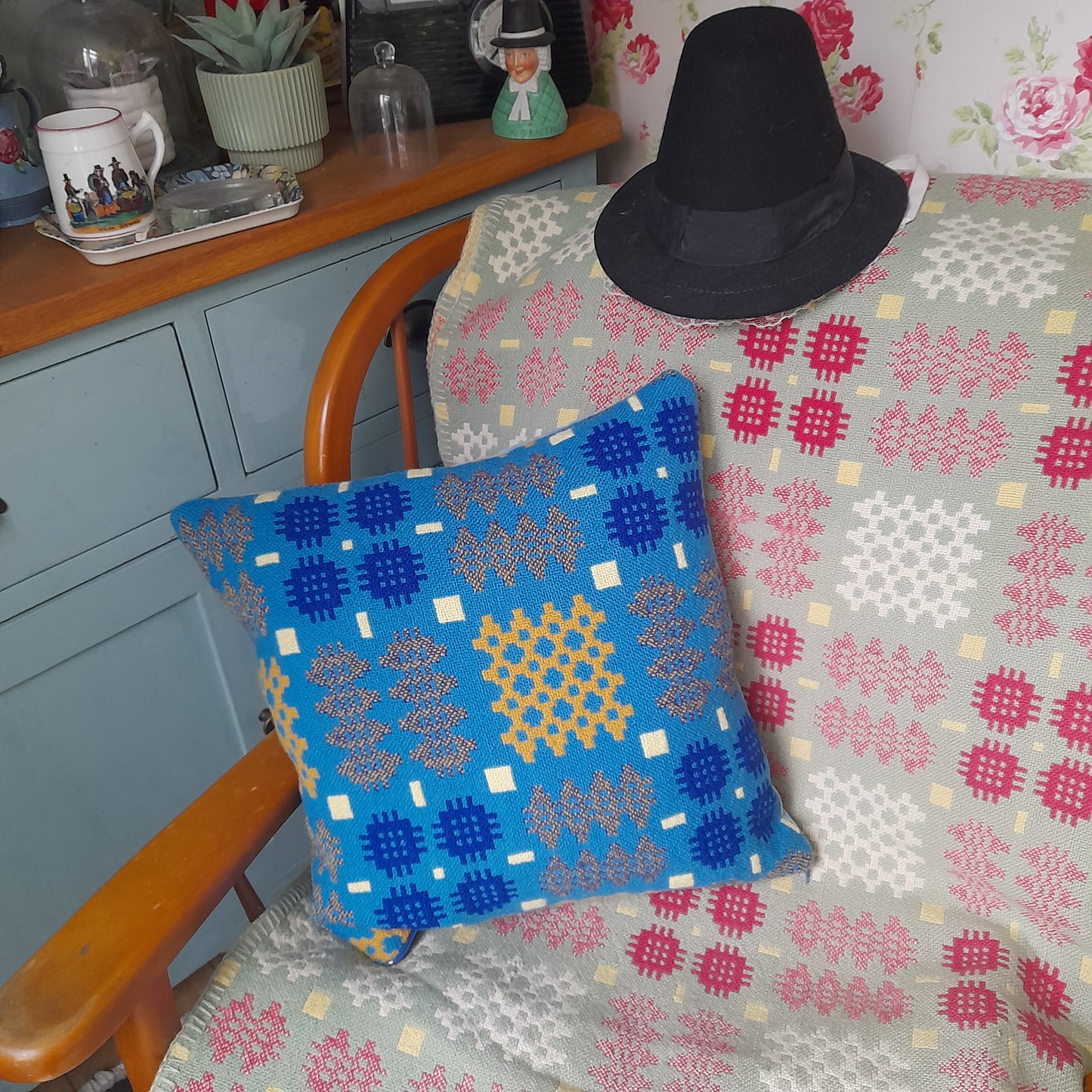 Handmade Welsh Blanket Cushion in Blue & Mustard Yellow 18"