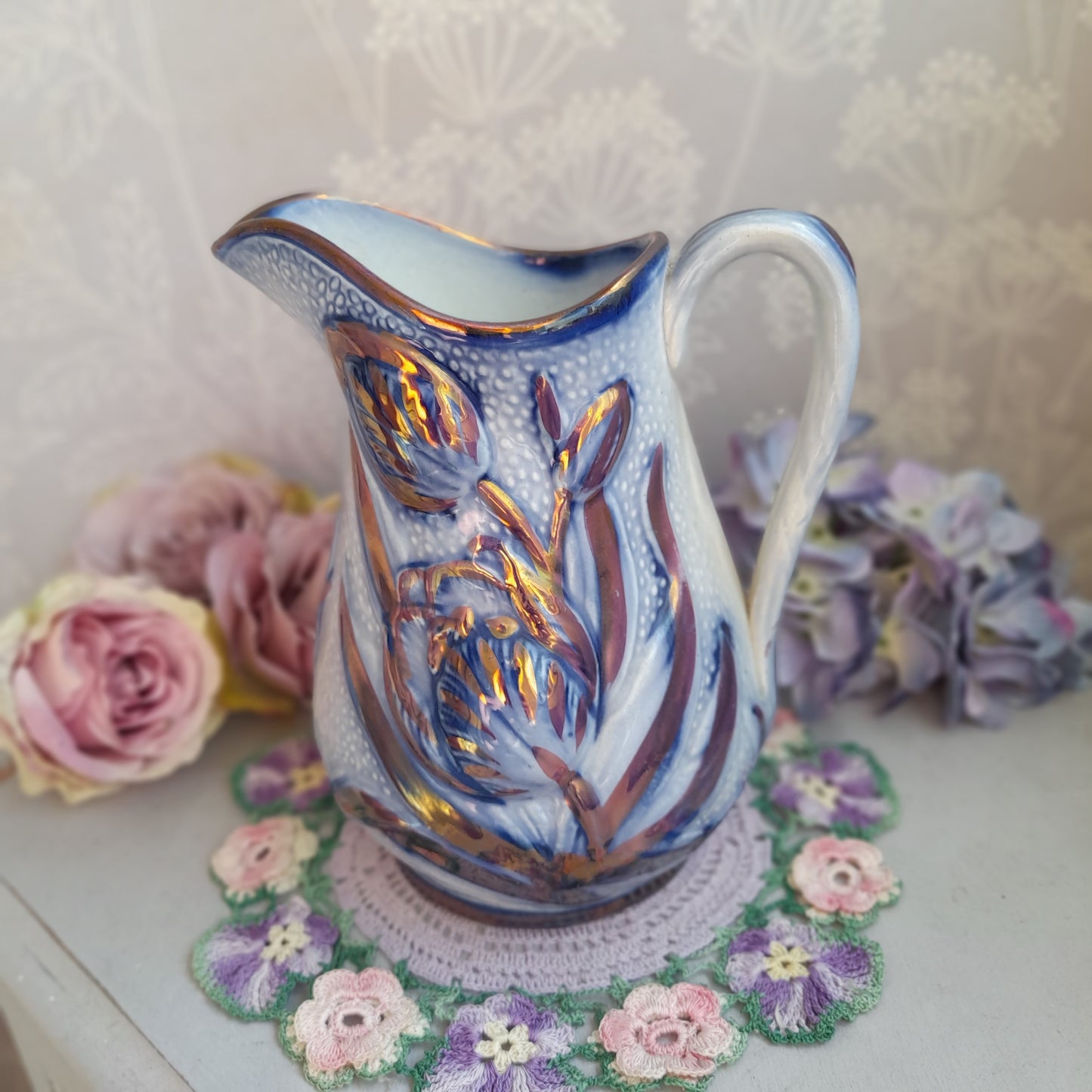 19thC James Dudson Antique Lusterware Blue & Gold Tulip Pitcher Jug