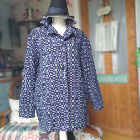 Vintage Welsh Tapestry Pea Coat in Navy Green & Purple by Melin Tregwynt Size 16/18