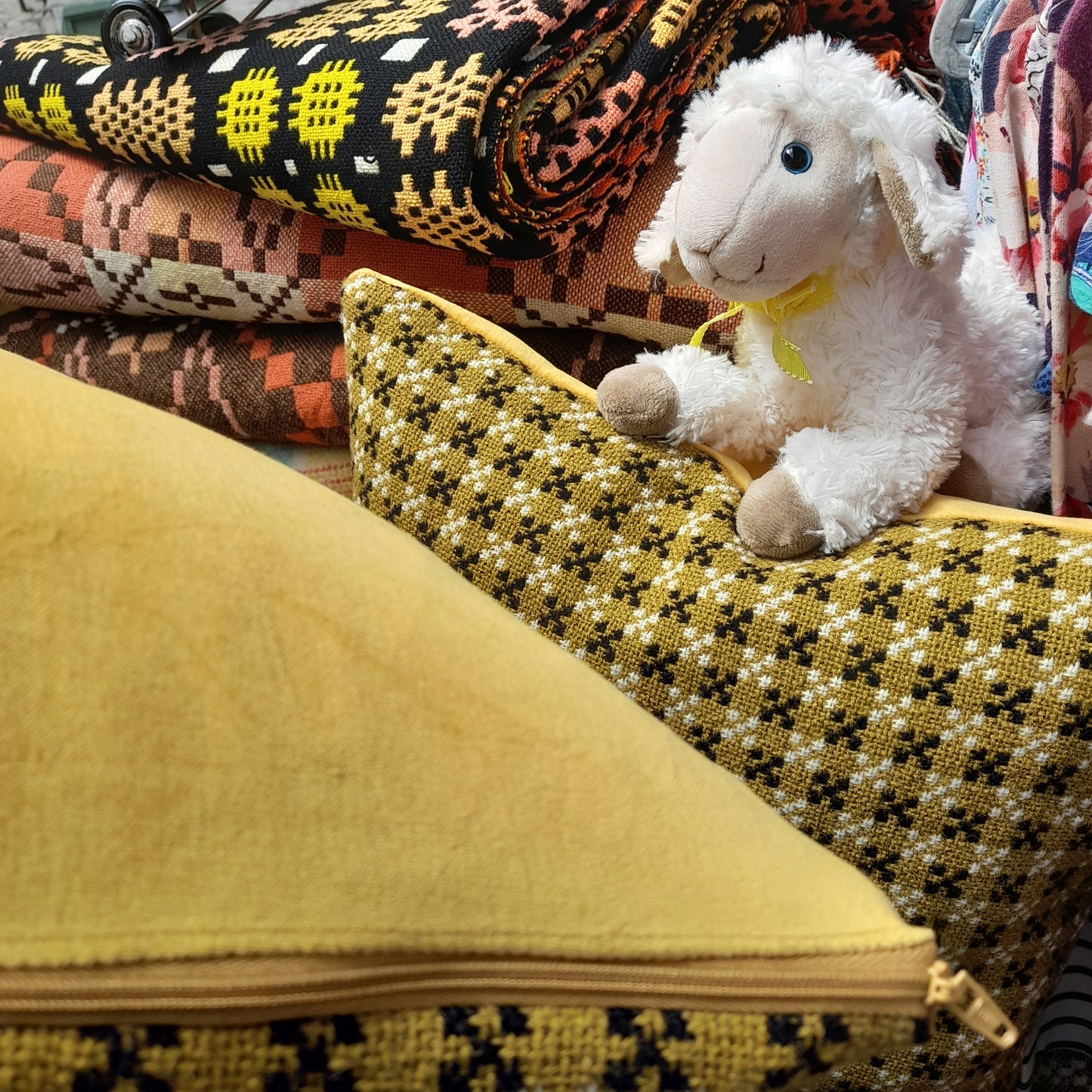 PAIR Handmade Cushions Made From Vintage Welsh Tapestry Fabric in Mustard, Black & Cream 18"