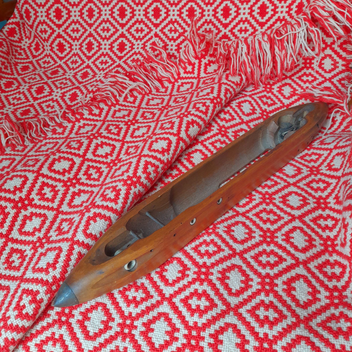 RARE Vintage Welsh Tapestry Blanket in Tomato Red & Cream by Rhydybont Mill
