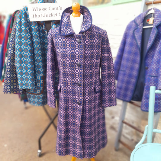 Vintage Full Length Welsh Tapestry Coat in Navy Blue Brown & Pink Unworn