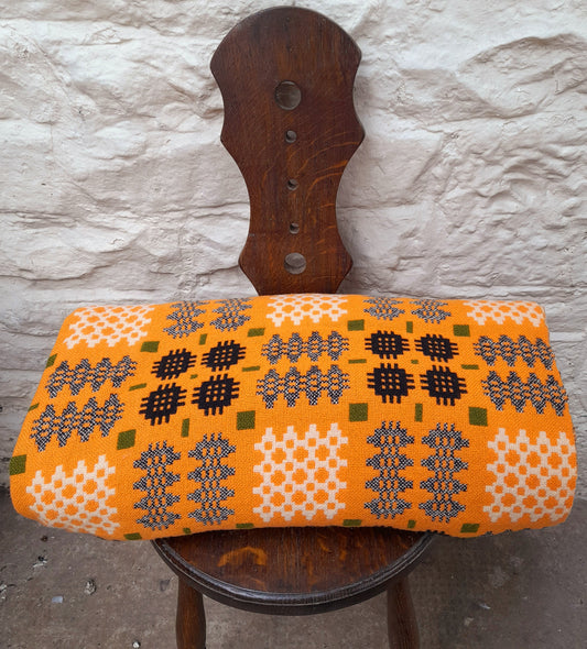 Vintage Welsh Tapestry Blanket in Tangerine Orange Olive Green Black & White
