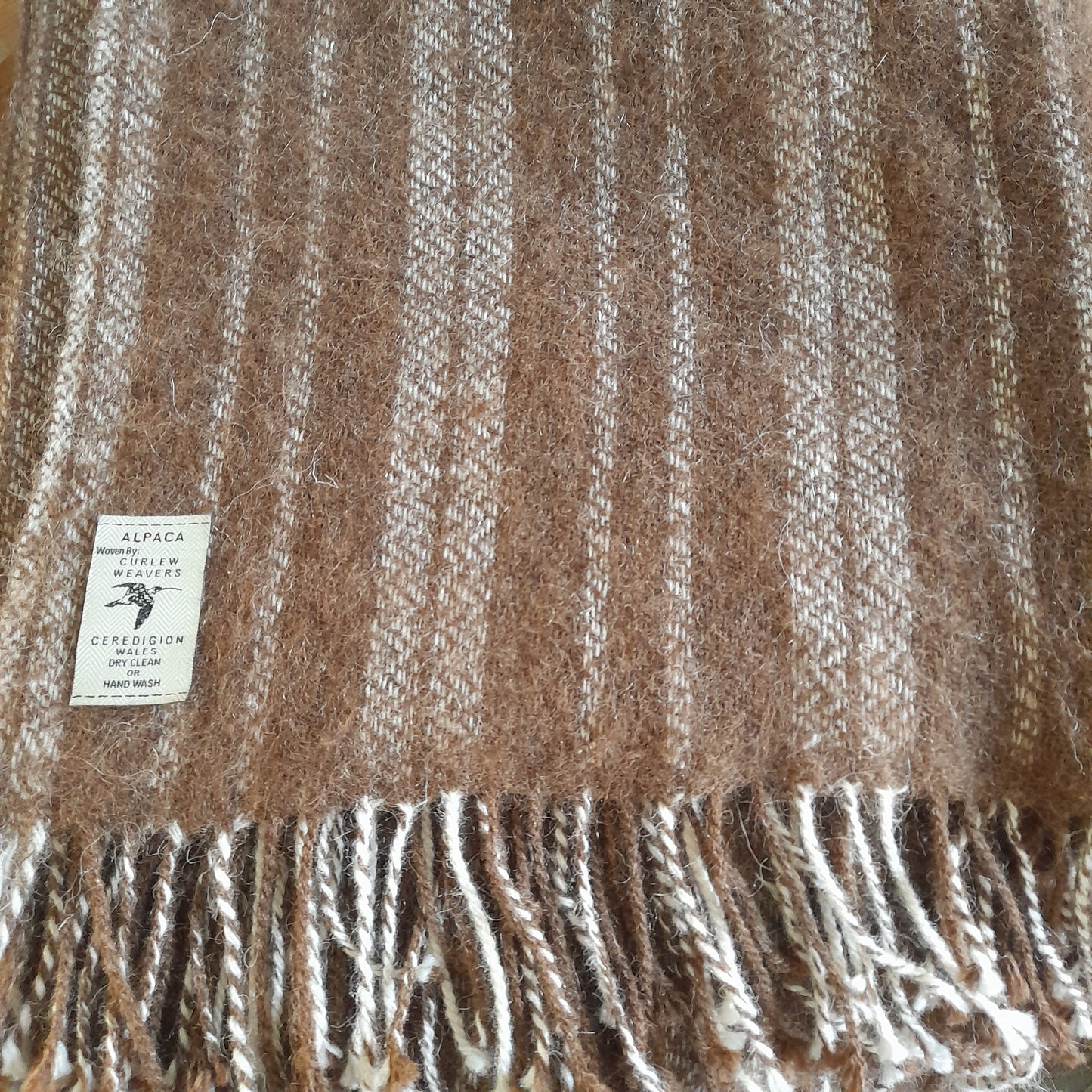 Welsh Blanket in Natural Brown Alpaca Wool Cream Stripe Hand Woven by Curlew Weavers