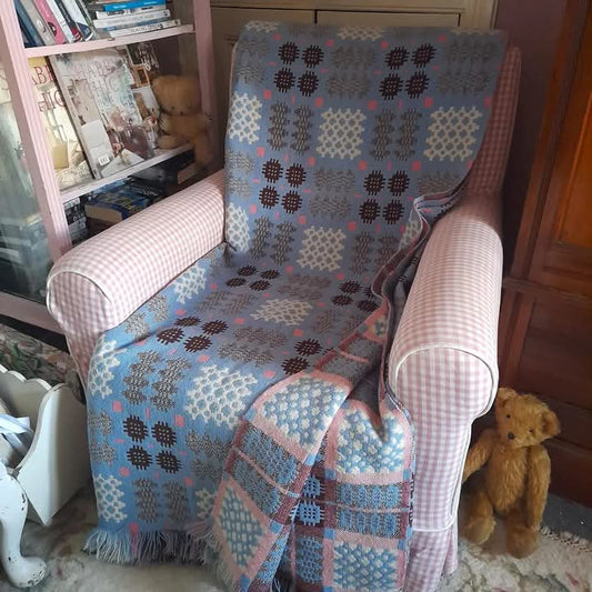 Welsh Tapestry Blanket in Pale Blue White Browny Burgundy & Pink King Size