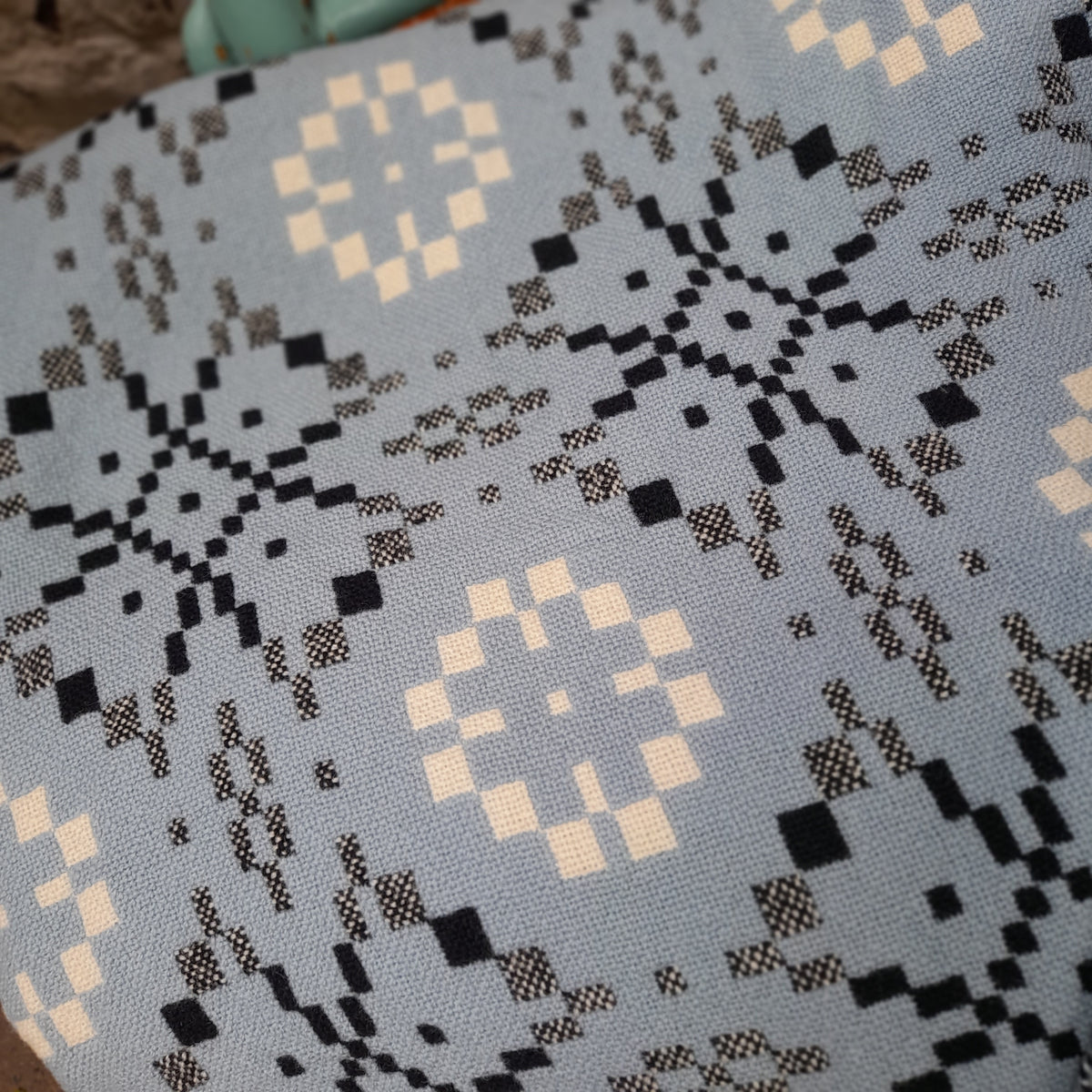 Rare Vintage Welsh Tapestry Blanket in Wedgwood Blue, White & Black King Size