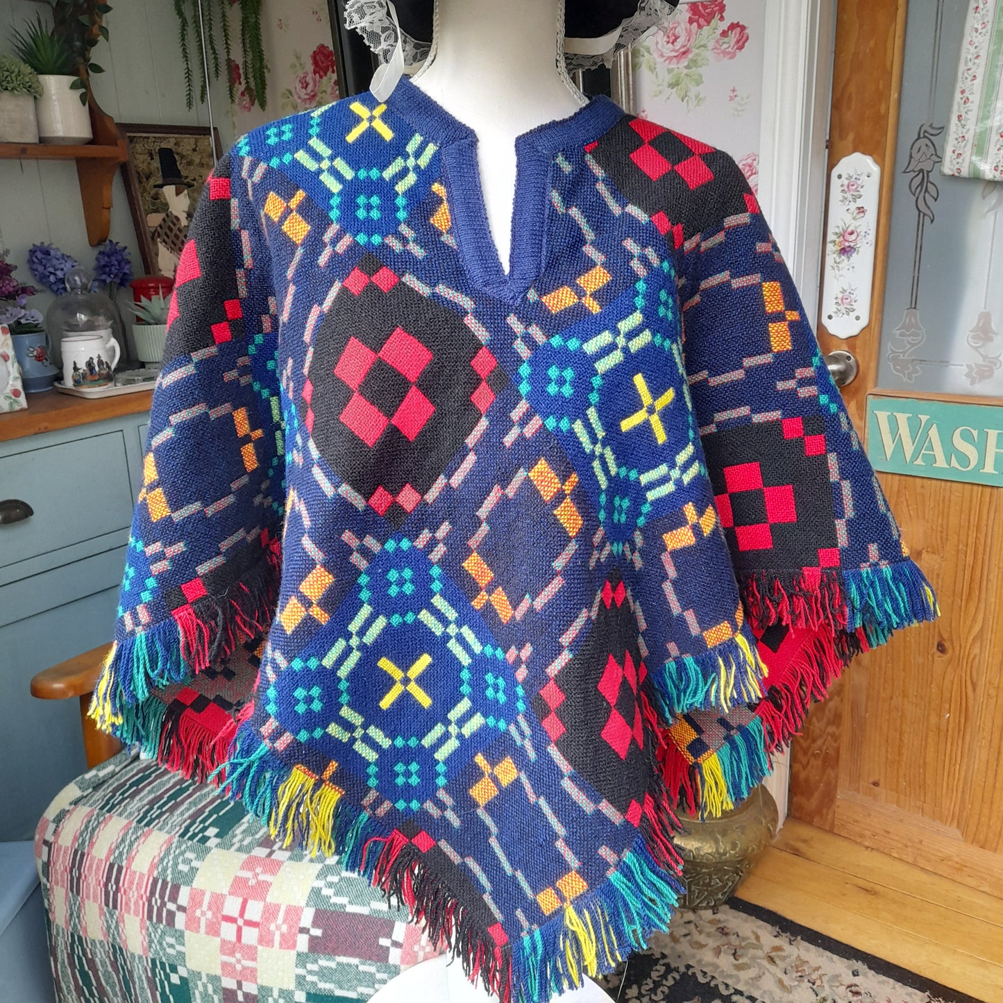 Vintage Welsh Tapestry Poncho by Trefriw Woollen Mill Navy Multicolour Reversible