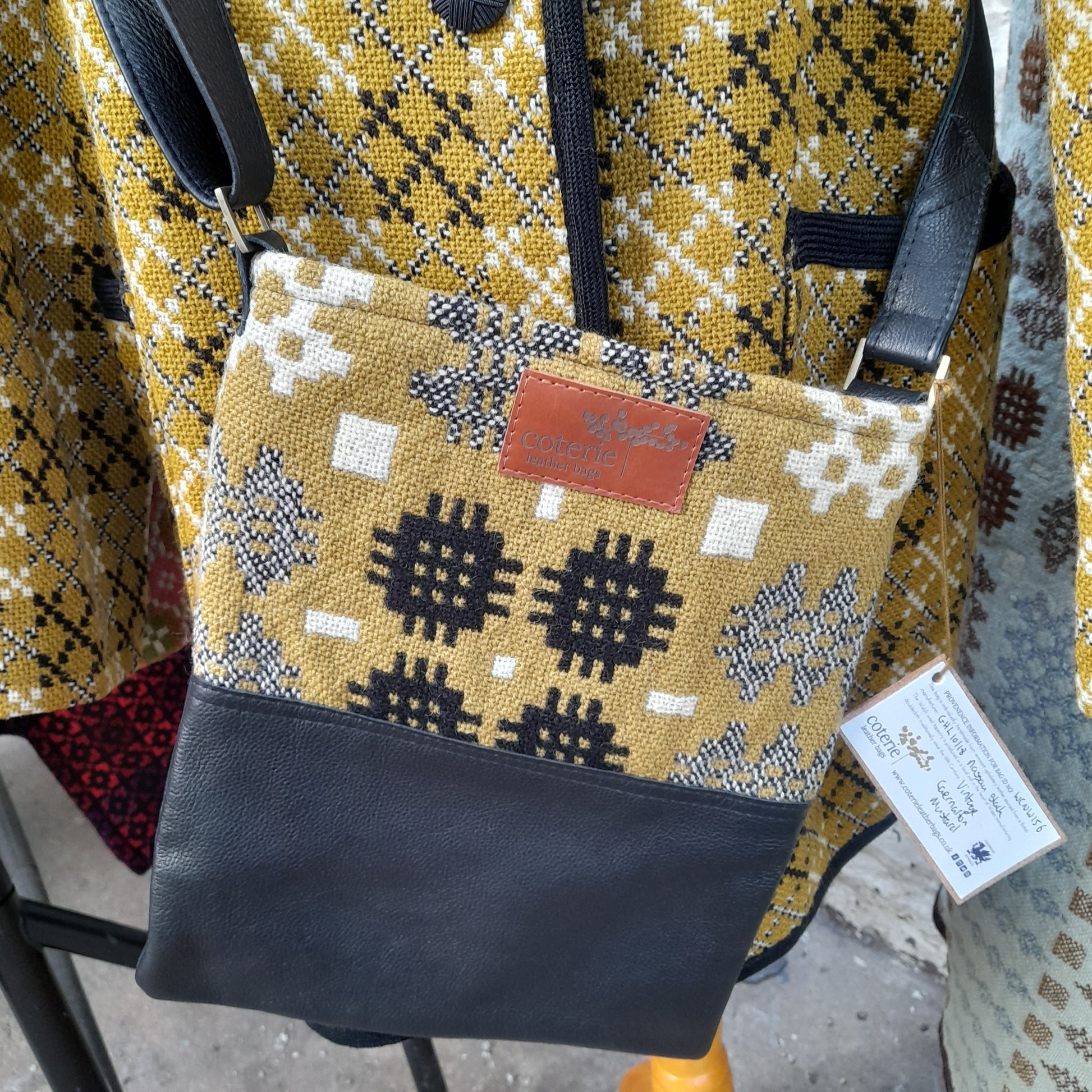 Handmade Coterie Leather Cross Body Handbag Made With Mustard & Black Vintage Welsh Wool Tapestry BNWT RRP £137