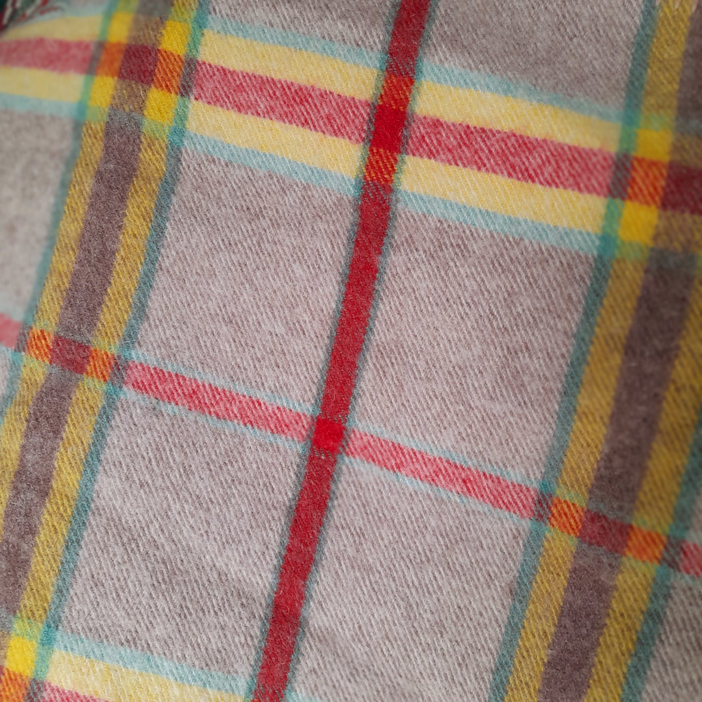 Vintage 1950s REAL WELSH Blanket in Taupe With Red, Yellow & Green Checks