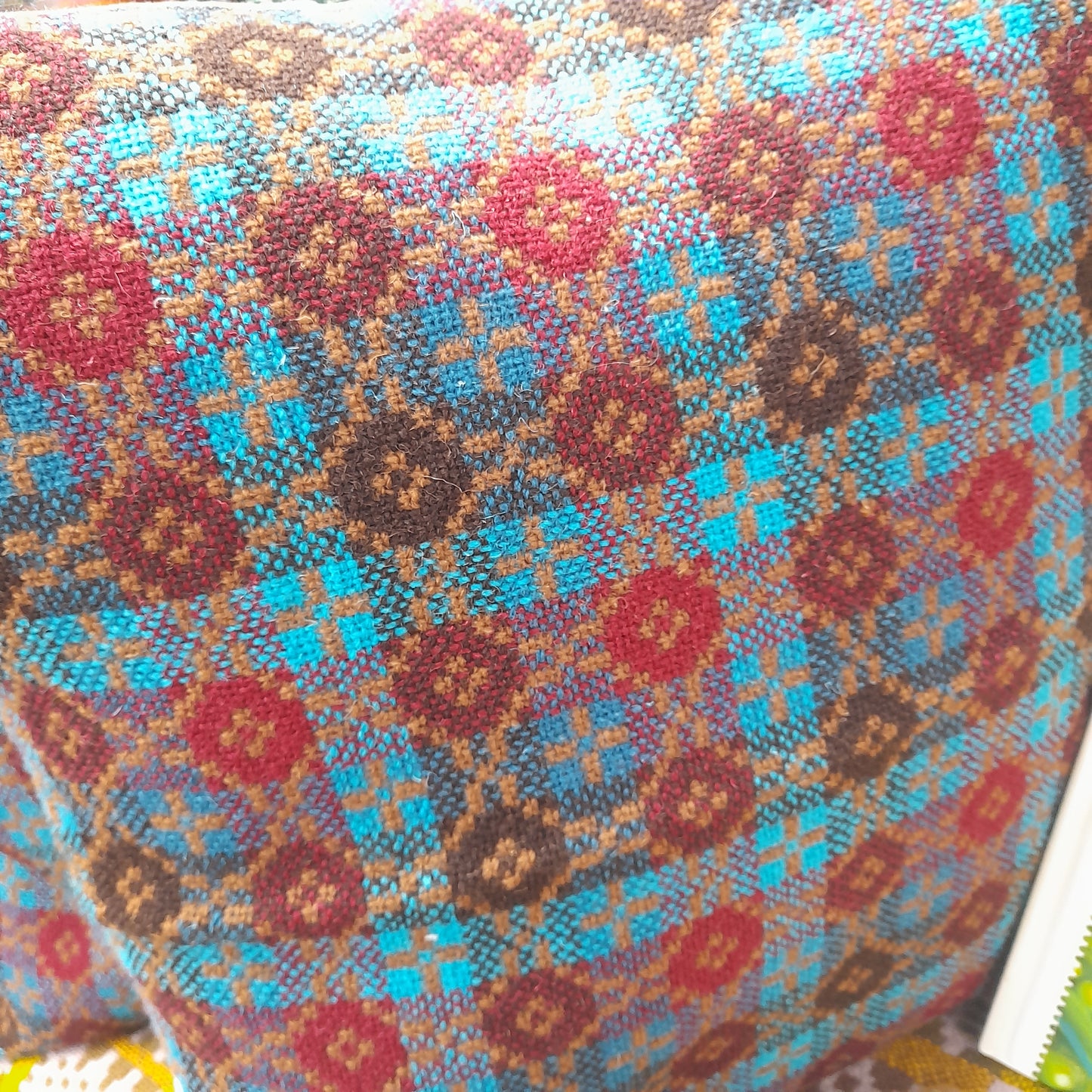 Pair of Welsh Tapestry Cushions in Teal & Burgundy 18"
