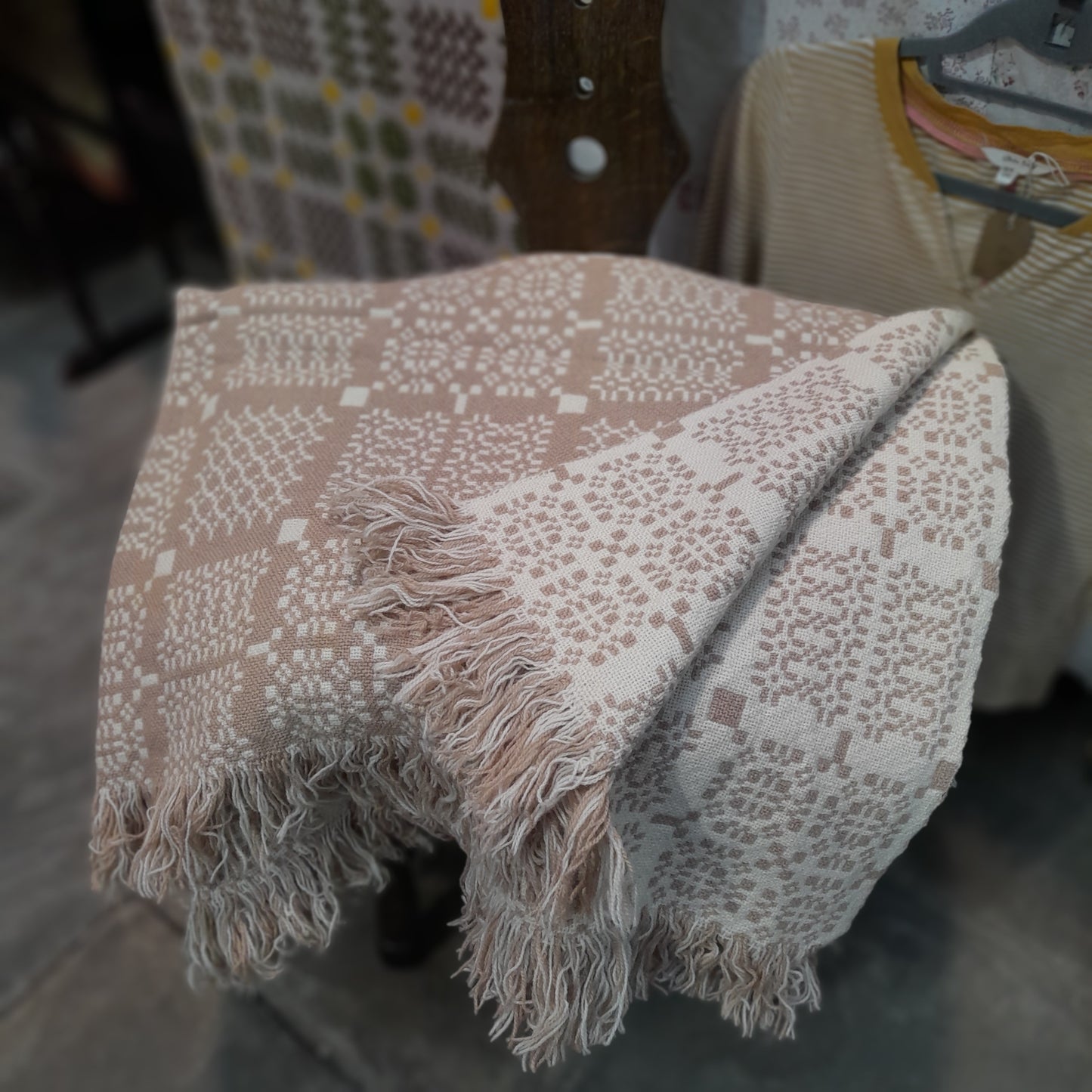 Vintage Welsh Tapestry Blanket in Taupe & Cream in Melin Tregwynt 'Knot Garden' Design