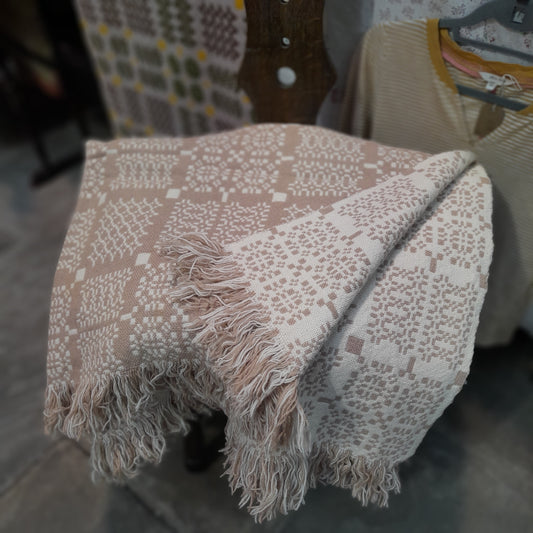 Vintage Welsh Tapestry Blanket in Taupe & Cream in Melin Tregwynt 'Knot Garden' Design