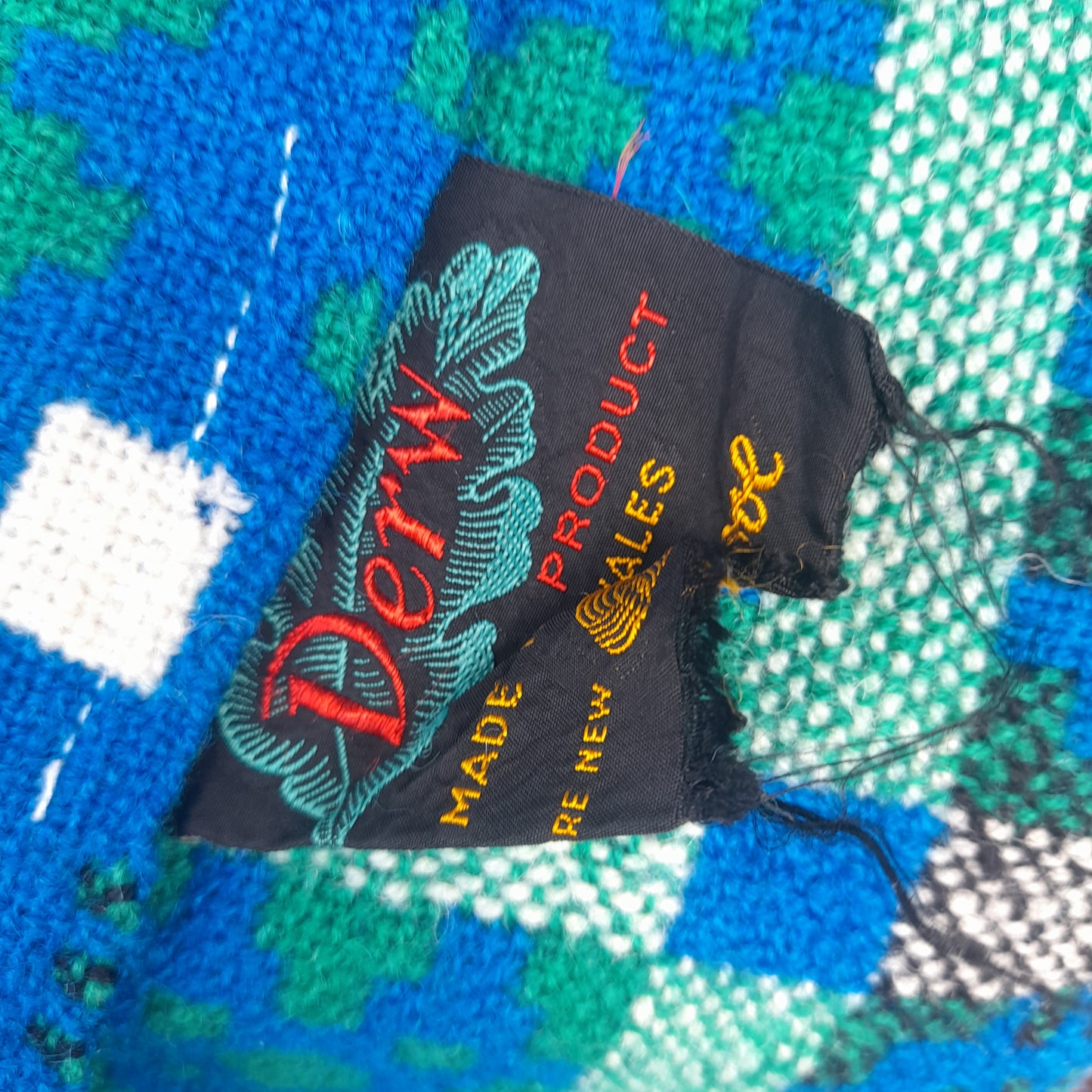 Vintage Welsh Tapestry Blanket in Cobalt Blue Green White & Black Original Derw Mill Label
