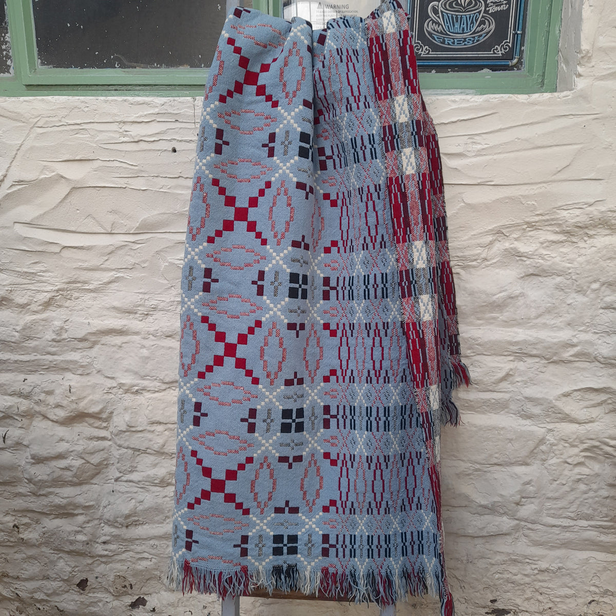 Rare Vintage Welsh Tapestry Blanket in Wedgwood Blue, White, Black & Burgundy Claret King Size