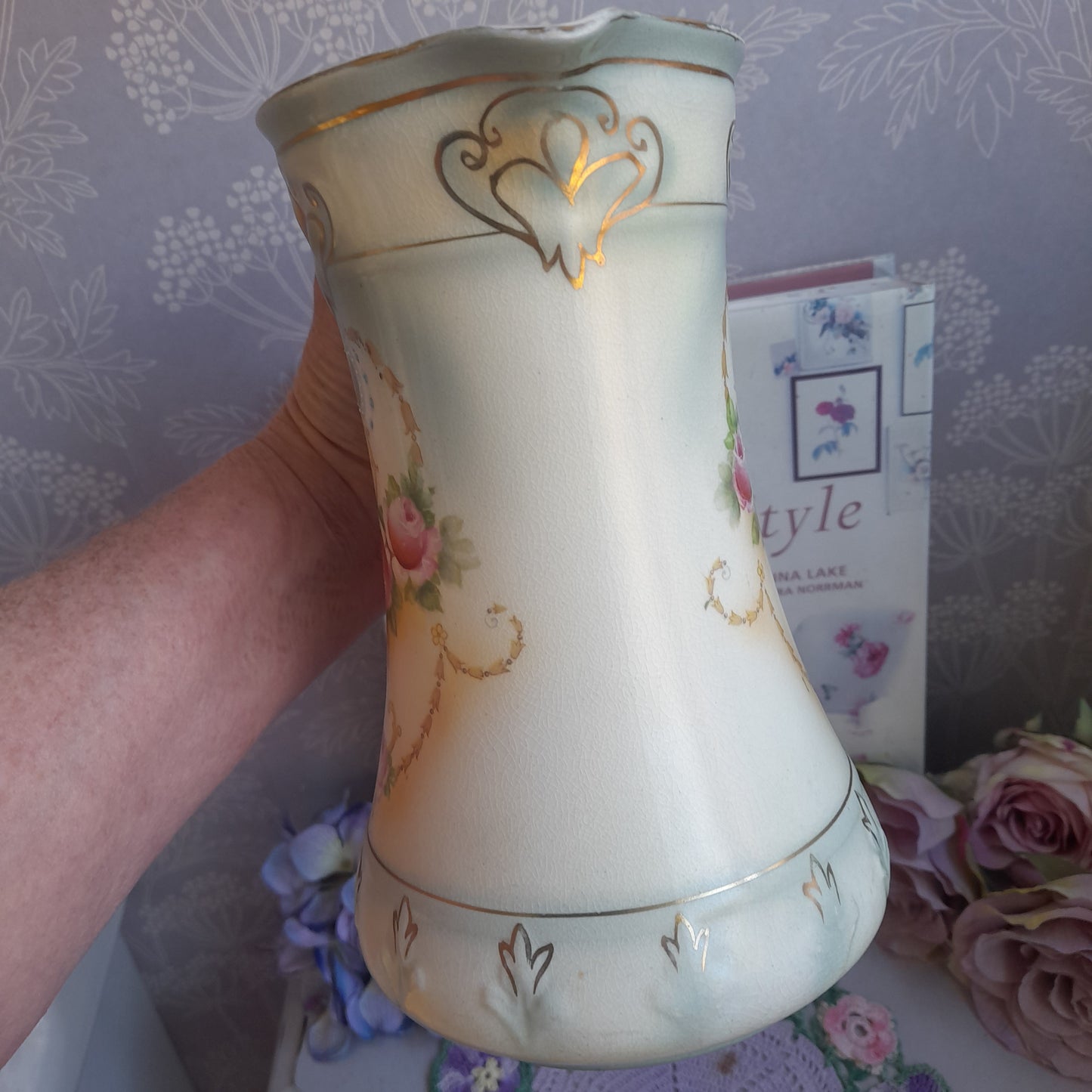 Art Nouveau Jug in Duck Egg Blue & Pink Roses Perfect Vintage Floral Vase
