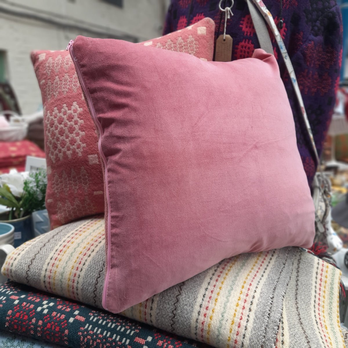 PAIR of Welsh Blanket Cushions in Dusky Pink, Taupe & Cream Handmade 18 inch