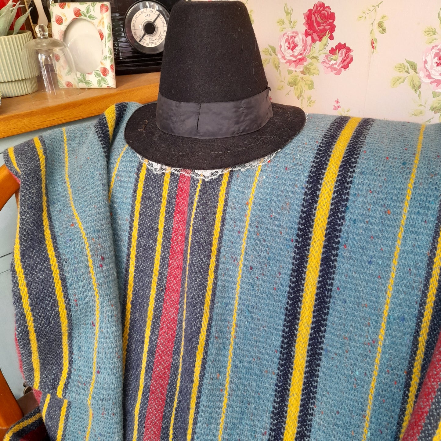 Welsh Blanket in Teal With Red Black & Yellow in Narrow Loom Stripe