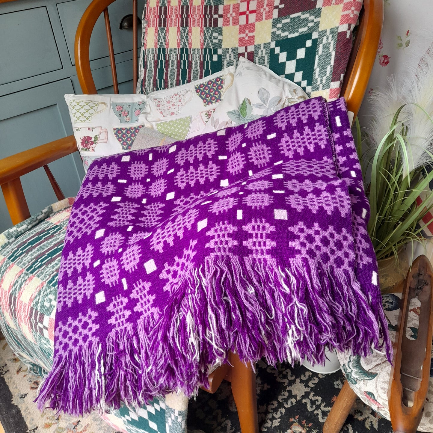 Vintage Welsh Wool Tapestry Blanket in Purple Lilac & White
