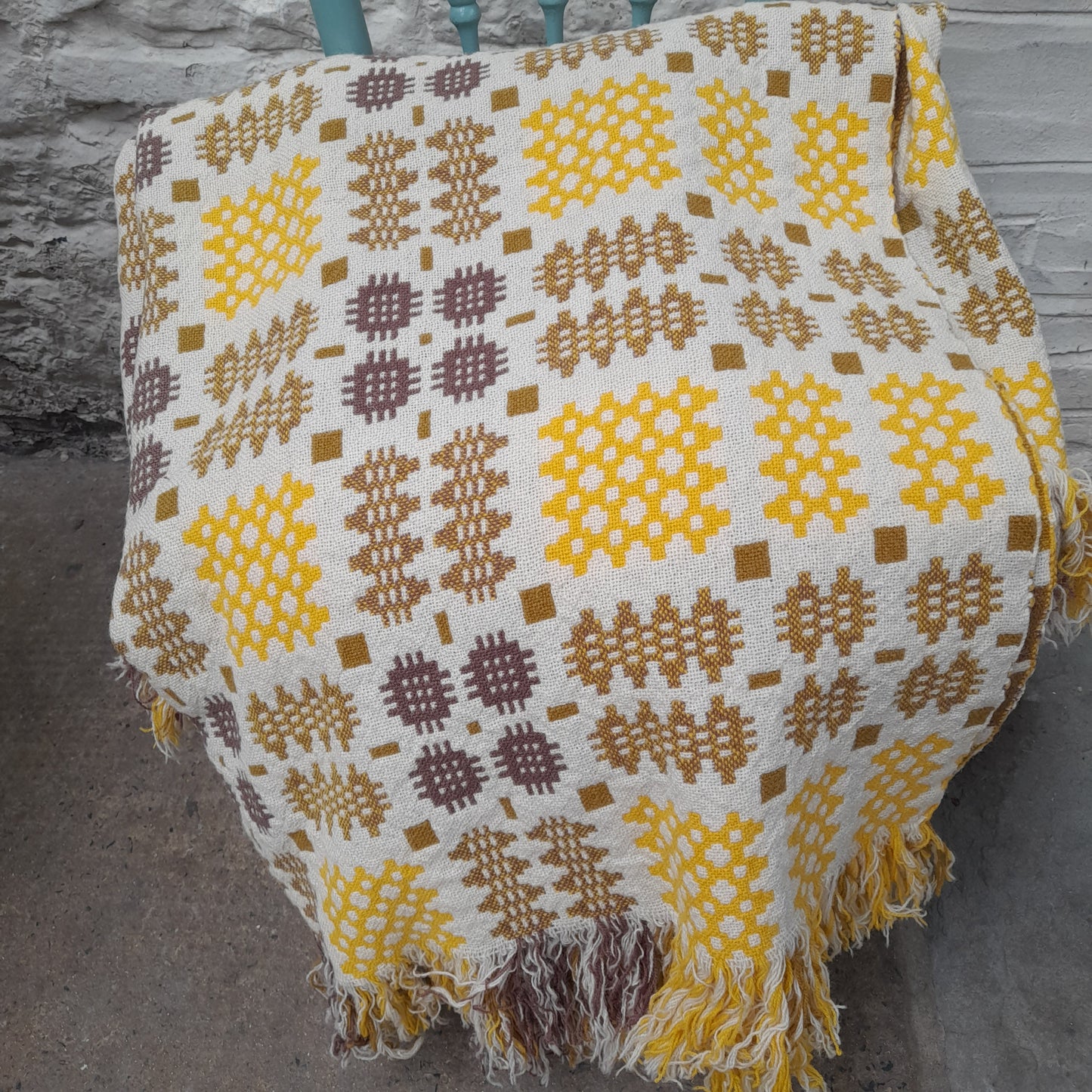 Vintage Welsh Tapestry Blanket in Daffodil Yellow, Brown on Cream King Size