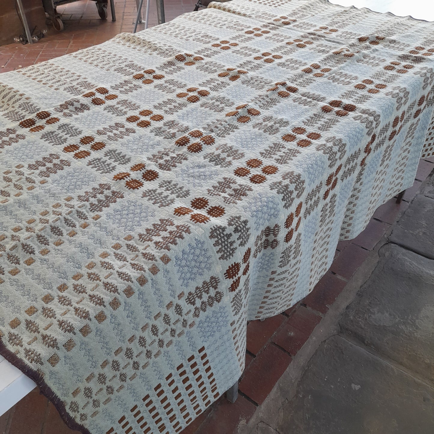 RARE Early Antique Welsh Tapestry Blanket in Grey Blue & Brown