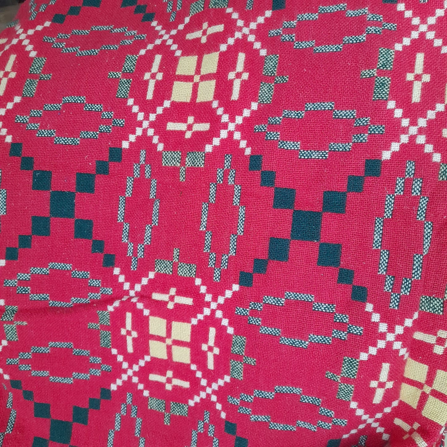 Vintage Welsh Tapestry Blanket in Raspberry Red/Pink, Emerald Green, Daffodil Yellow & Cream by Derw Mill King Size