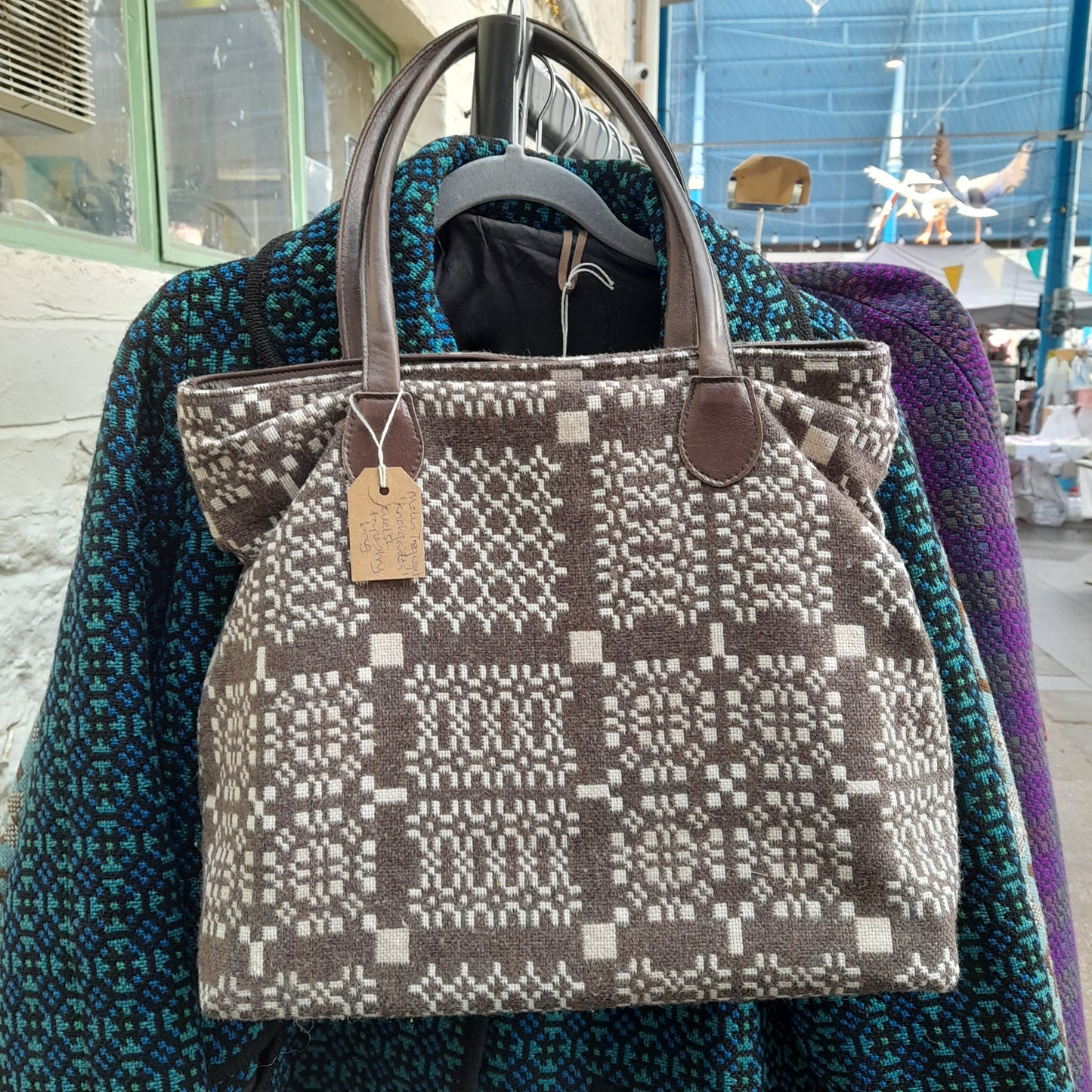 Welsh Tapestry & Leather Handbag in Brown & Cream 'Knot Garden' by Melin Tregwynt
