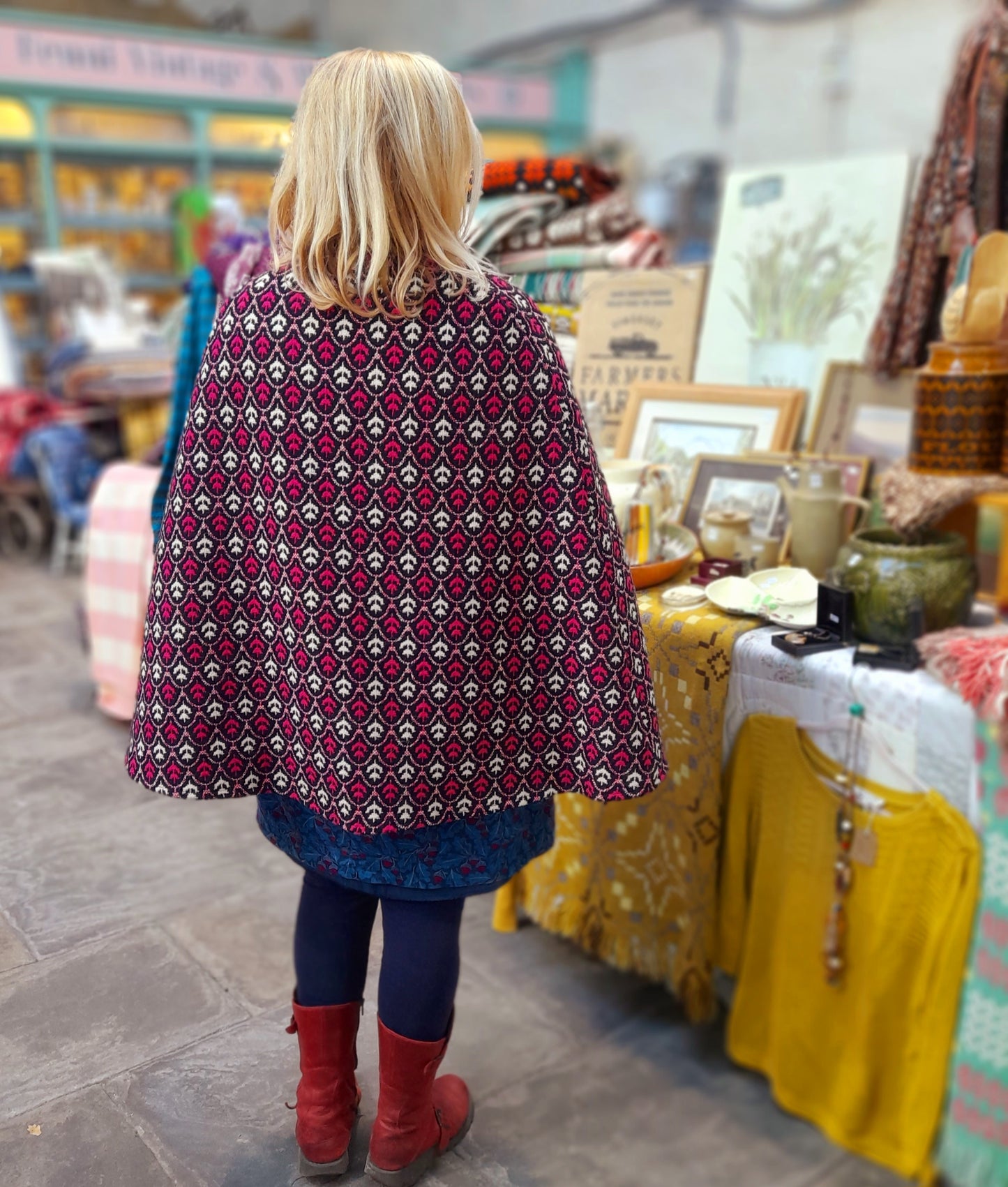 Vintage Welsh Tapestry Cape in Pinky Red, White & Black by Brynkir Mill