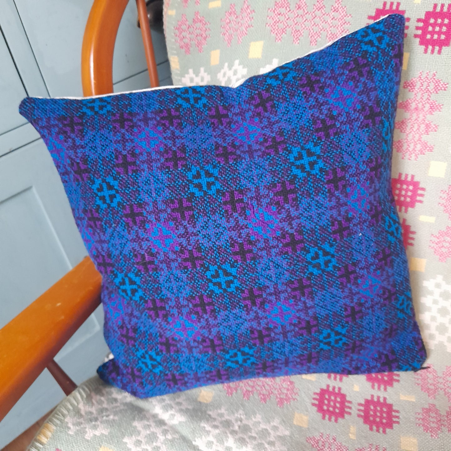 PAIR Handmade Cushions Made From Vintage Welsh Tapestry Fabric in Bright Blue, Purple & Black 18"