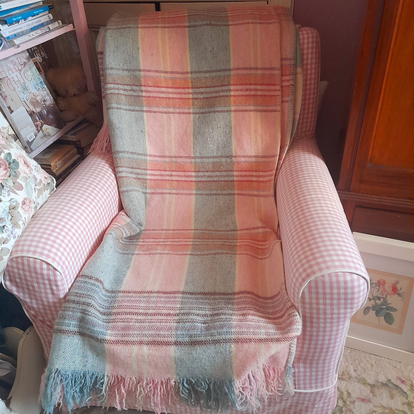 Vintage Welsh Blanket in Pretty Pastel Plaid Checks in Pale Pink Duck Egg Blue Blue & Pop of Red