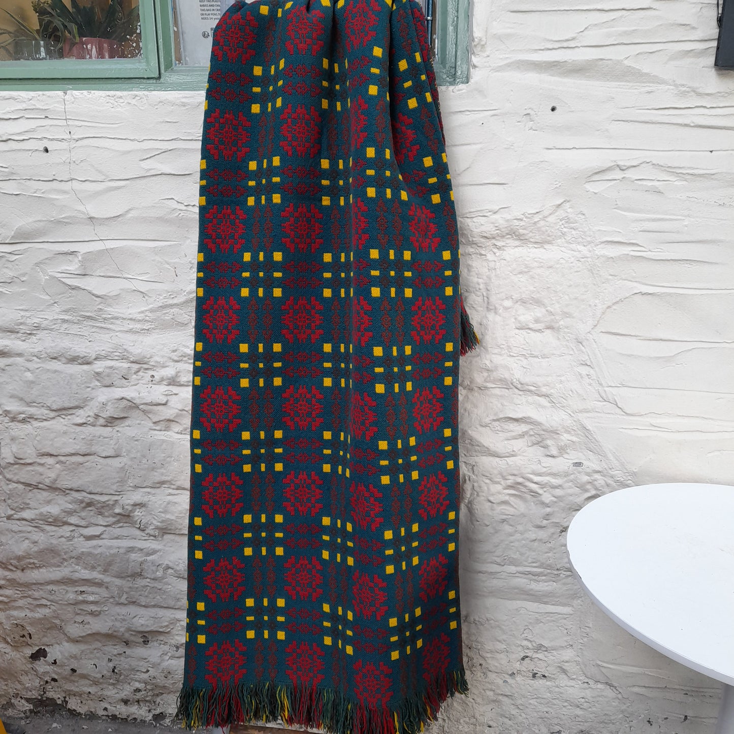 Vintage Welsh Tapestry Blanket in Green Red & Yellow by Wallis Woollen Mill King Size