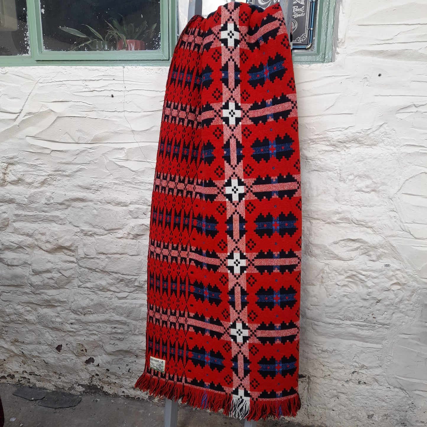 Vintage Welsh Tapestry Blanket in Red, Black & White With a Pop of Blue by Brynkir Woollen Mill