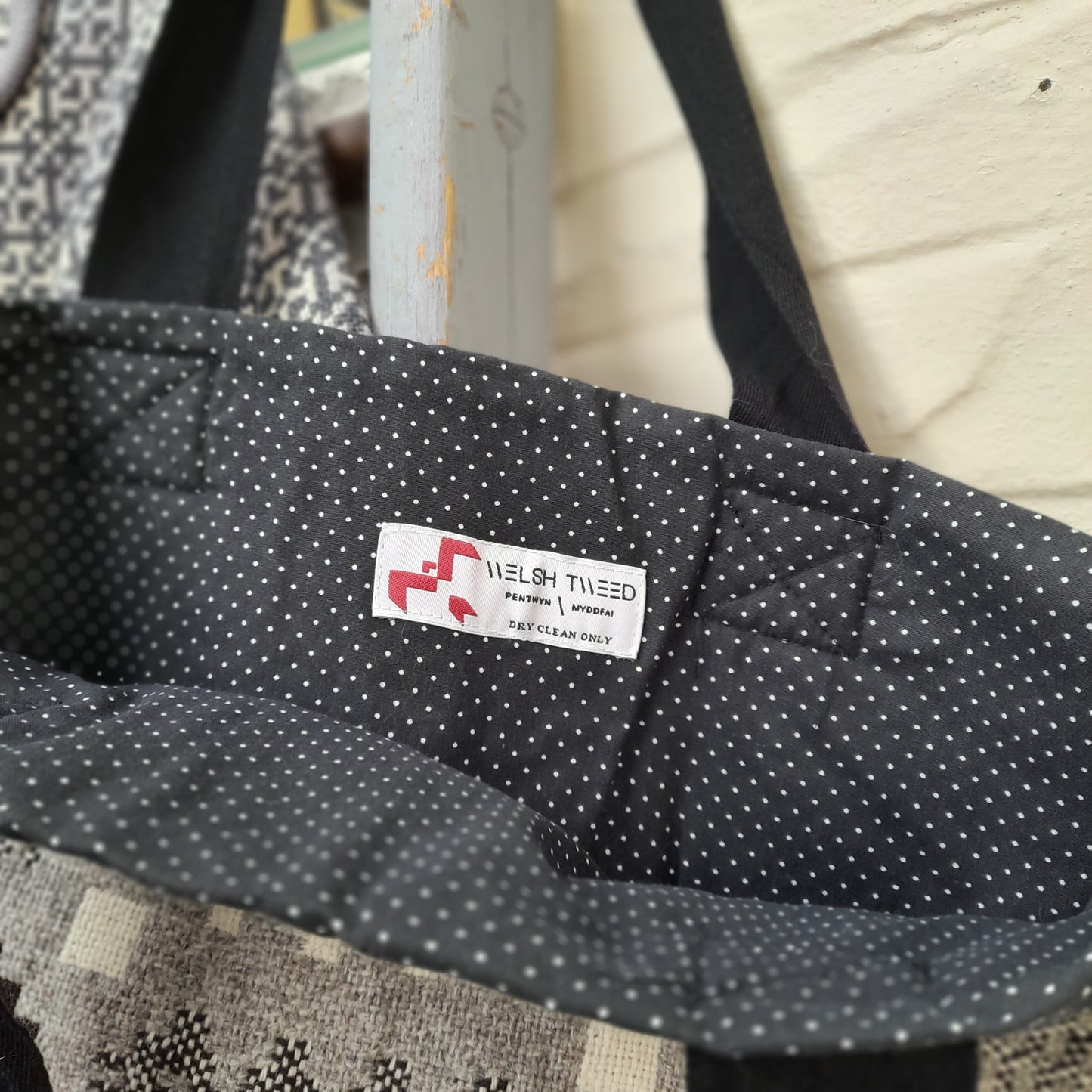 Handmade Welsh Tapestry Blanket Shoulder Bag/Shopper in Grey, Black & White by Welsh Tweed