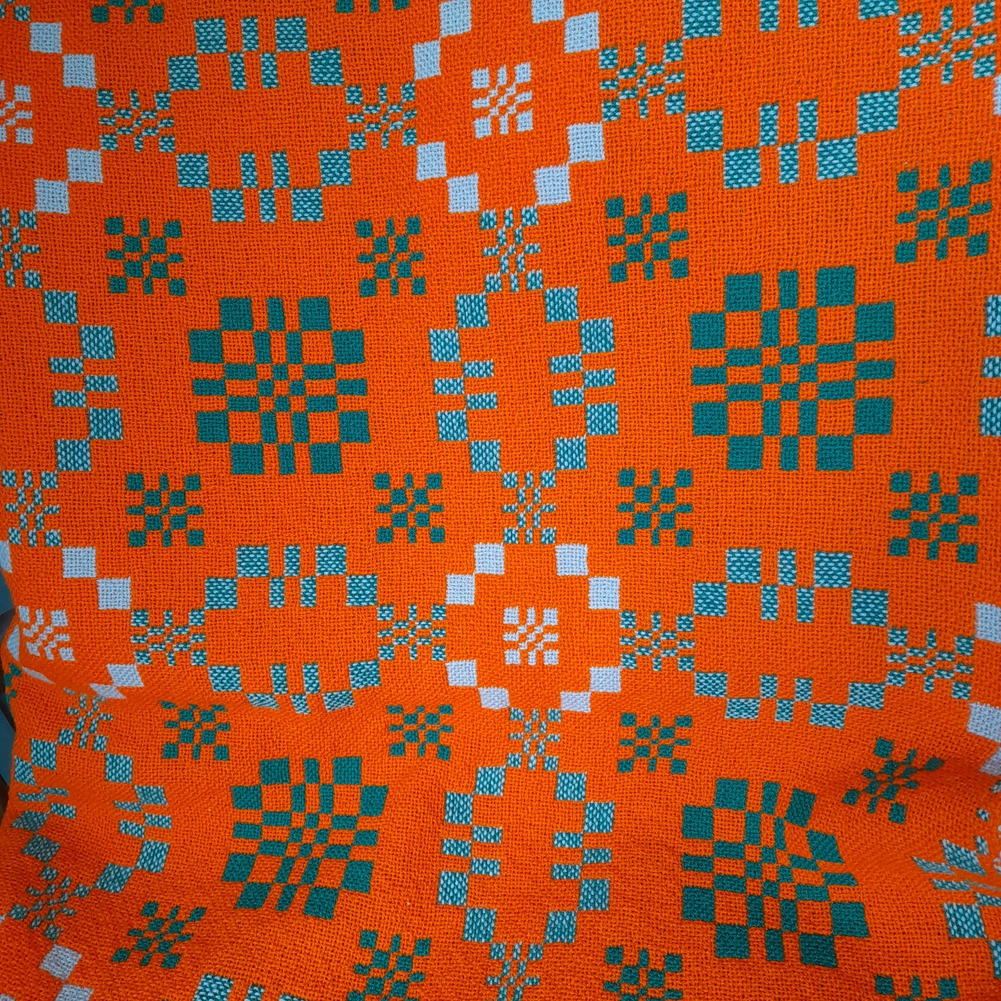 Vintage Welsh Tapestry Blanket in Bright Orange Green & Off White by Meirion Mill