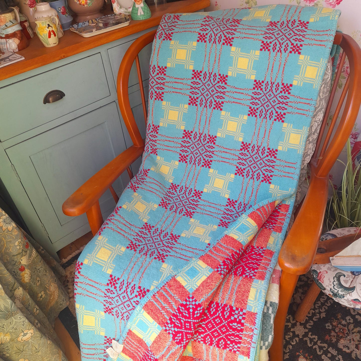 RARE Vintage Welsh Tapestry Blanket in Aqua, Raspberry Red & Daffodil Yellow by Gernos Mill