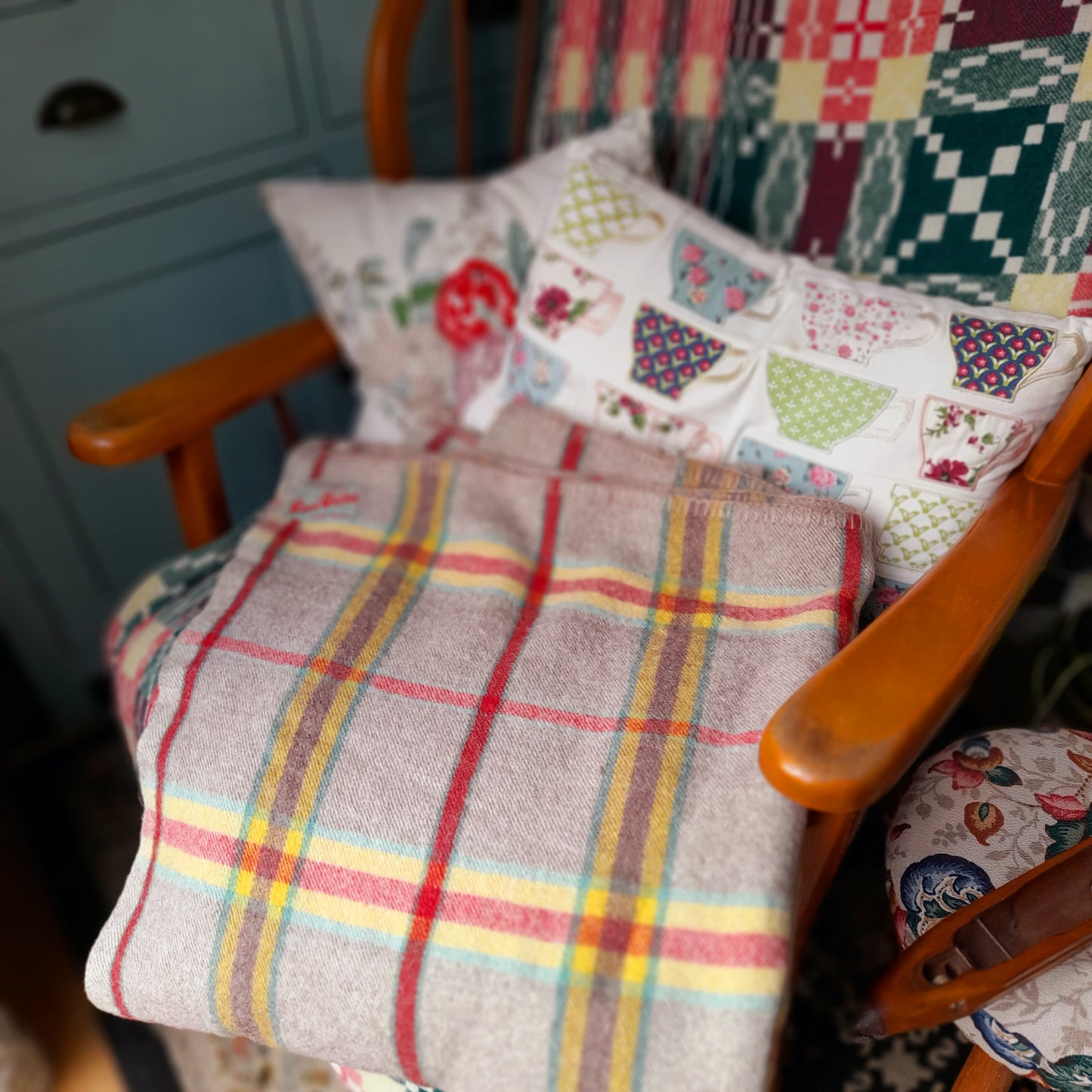 Vintage 1950s REAL WELSH Blanket in Taupe With Red, Yellow & Green Checks
