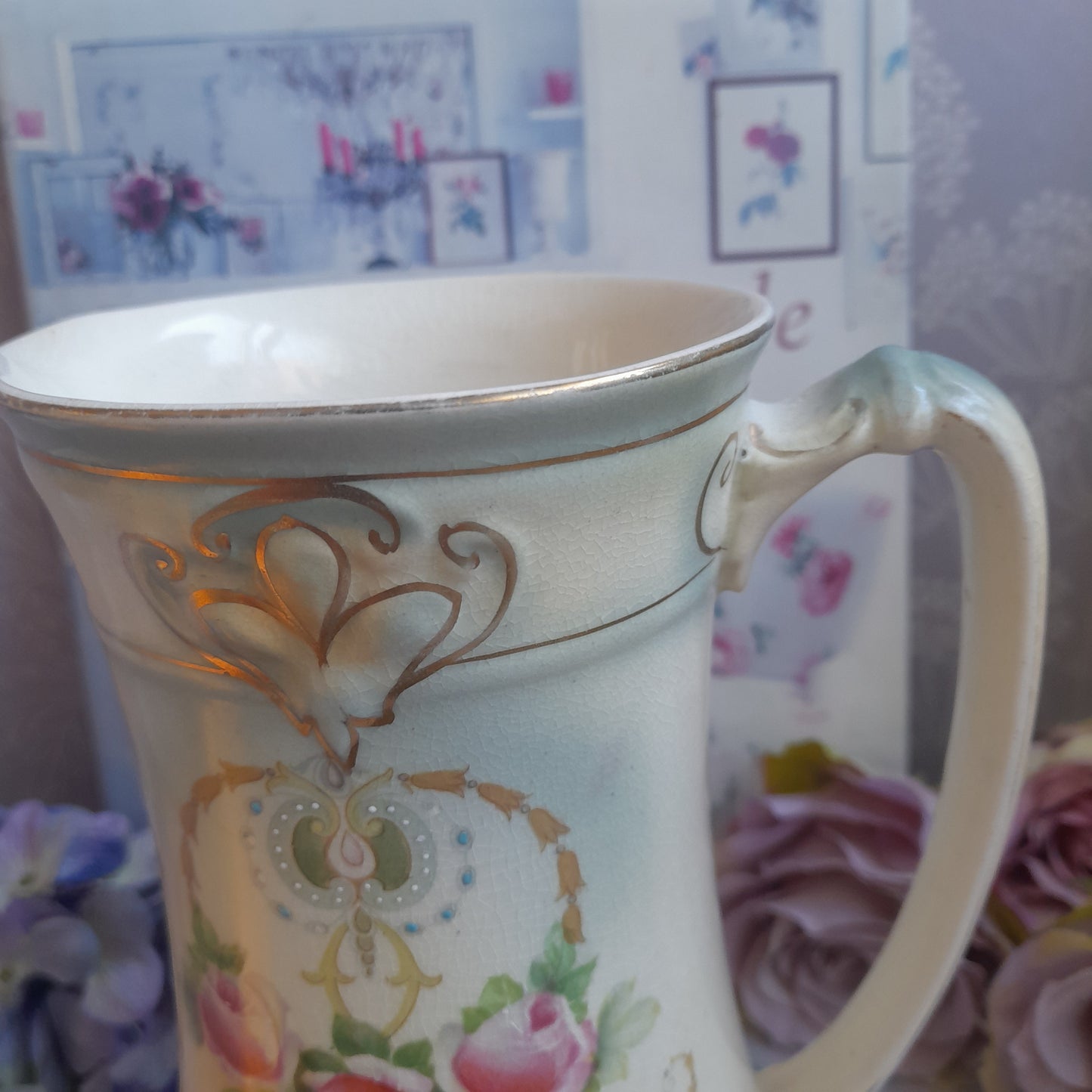 Art Nouveau Jug in Duck Egg Blue & Pink Roses Perfect Vintage Floral Vase