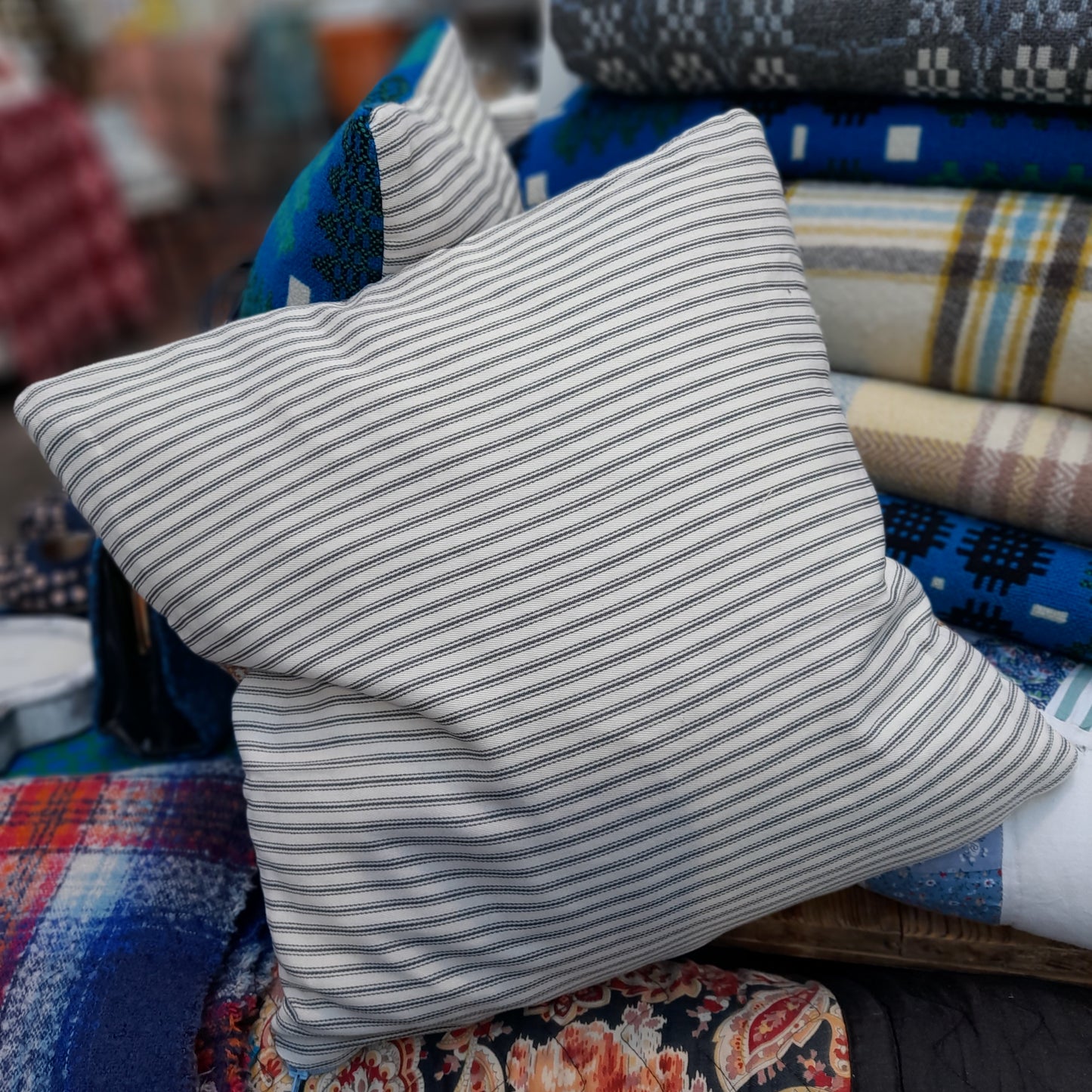 PAIR Handmade Welsh Blanket Cushions in Duck Egg Blue, Lemon & Brown 18"